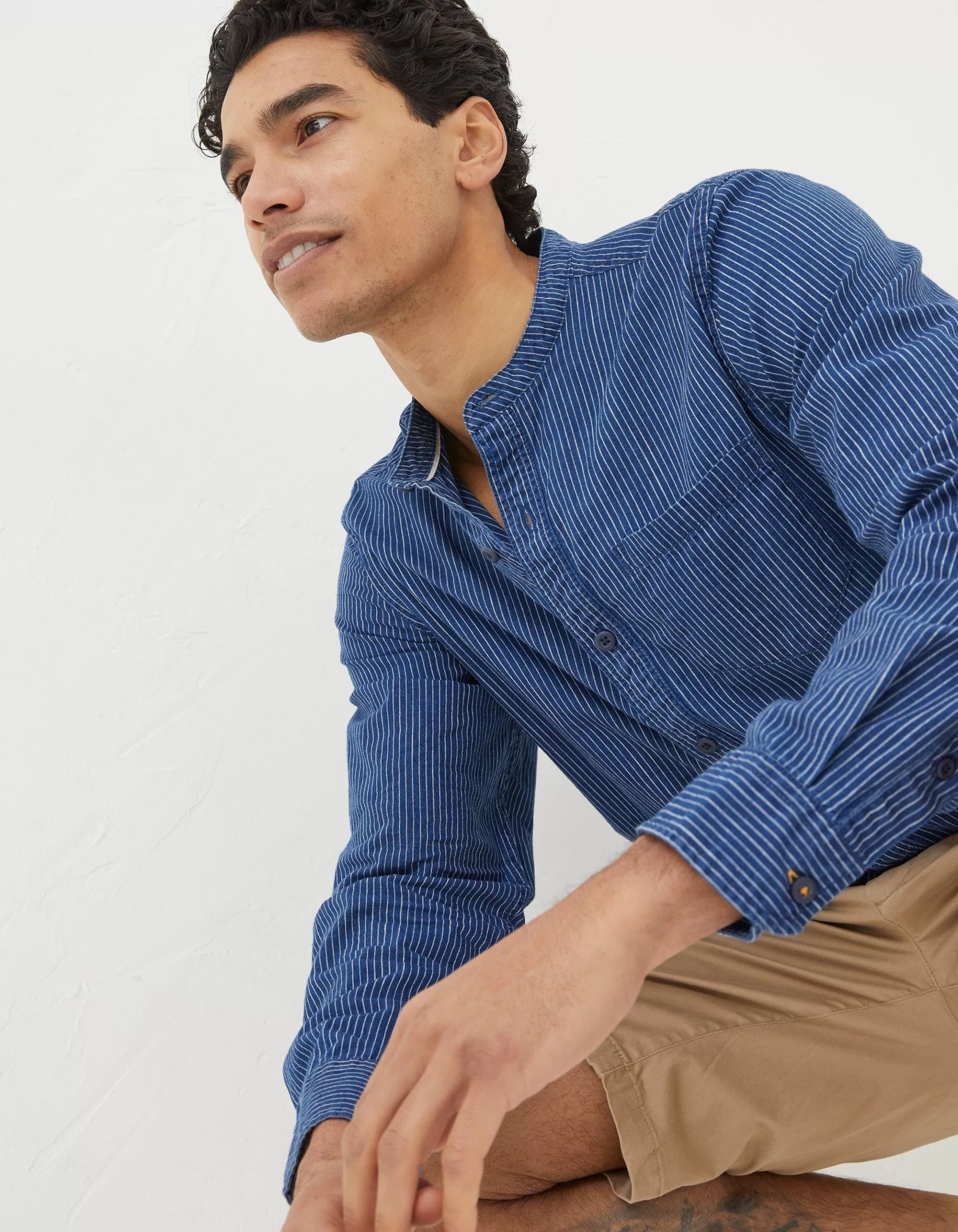 Sale FatFace Indigo Stripe Grandad Shirt Washed Blue
