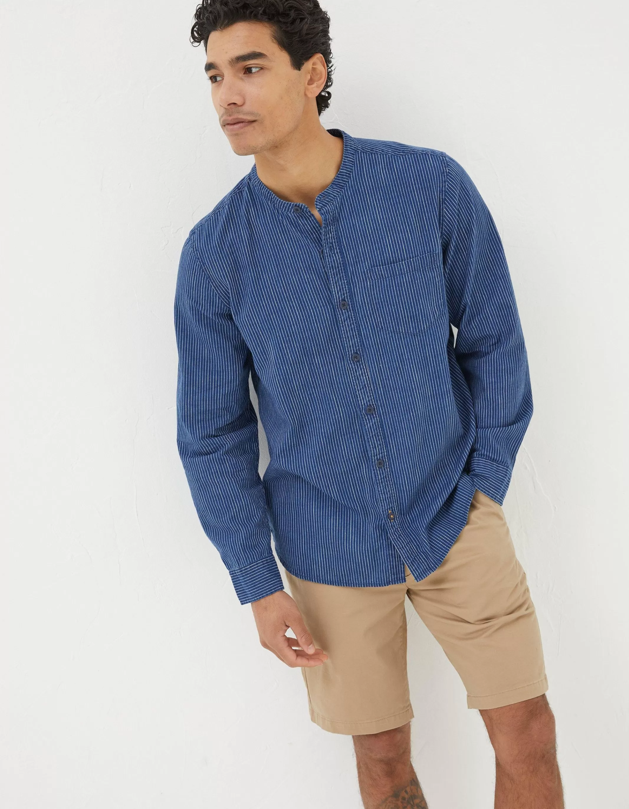 Sale FatFace Indigo Stripe Grandad Shirt Washed Blue