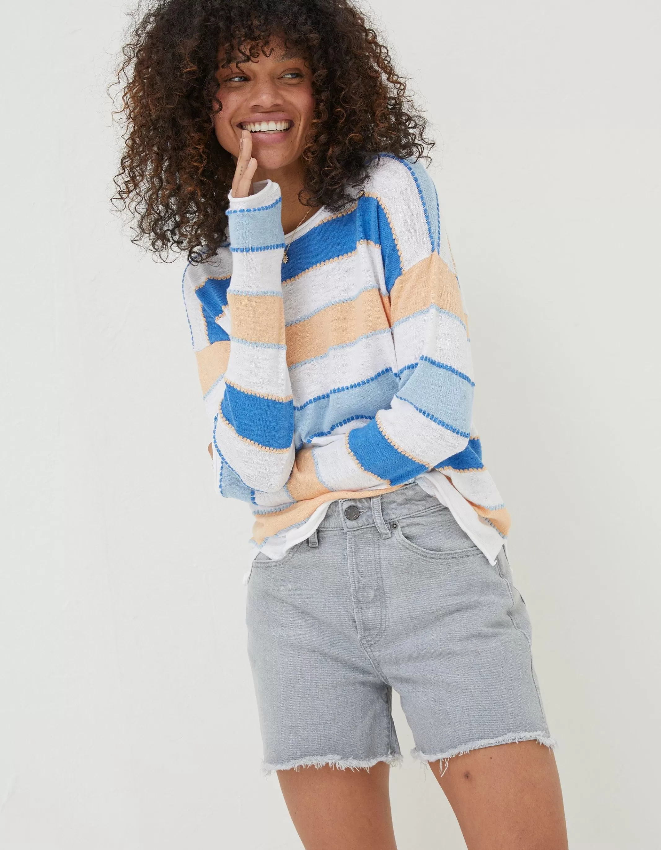 Sale FatFace Isobella Cotton Linen Stripe Jumper Blue