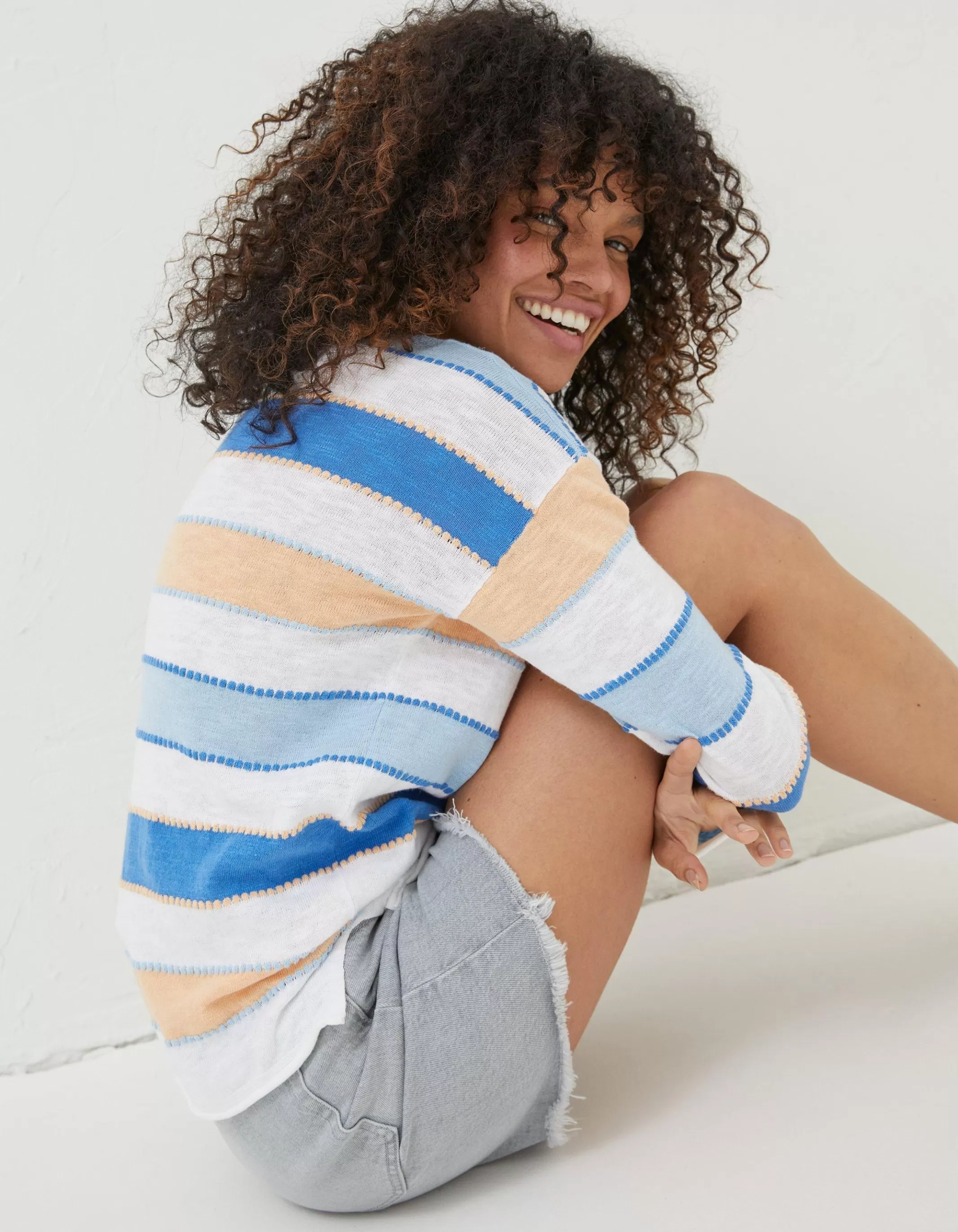 Sale FatFace Isobella Cotton Linen Stripe Jumper Blue