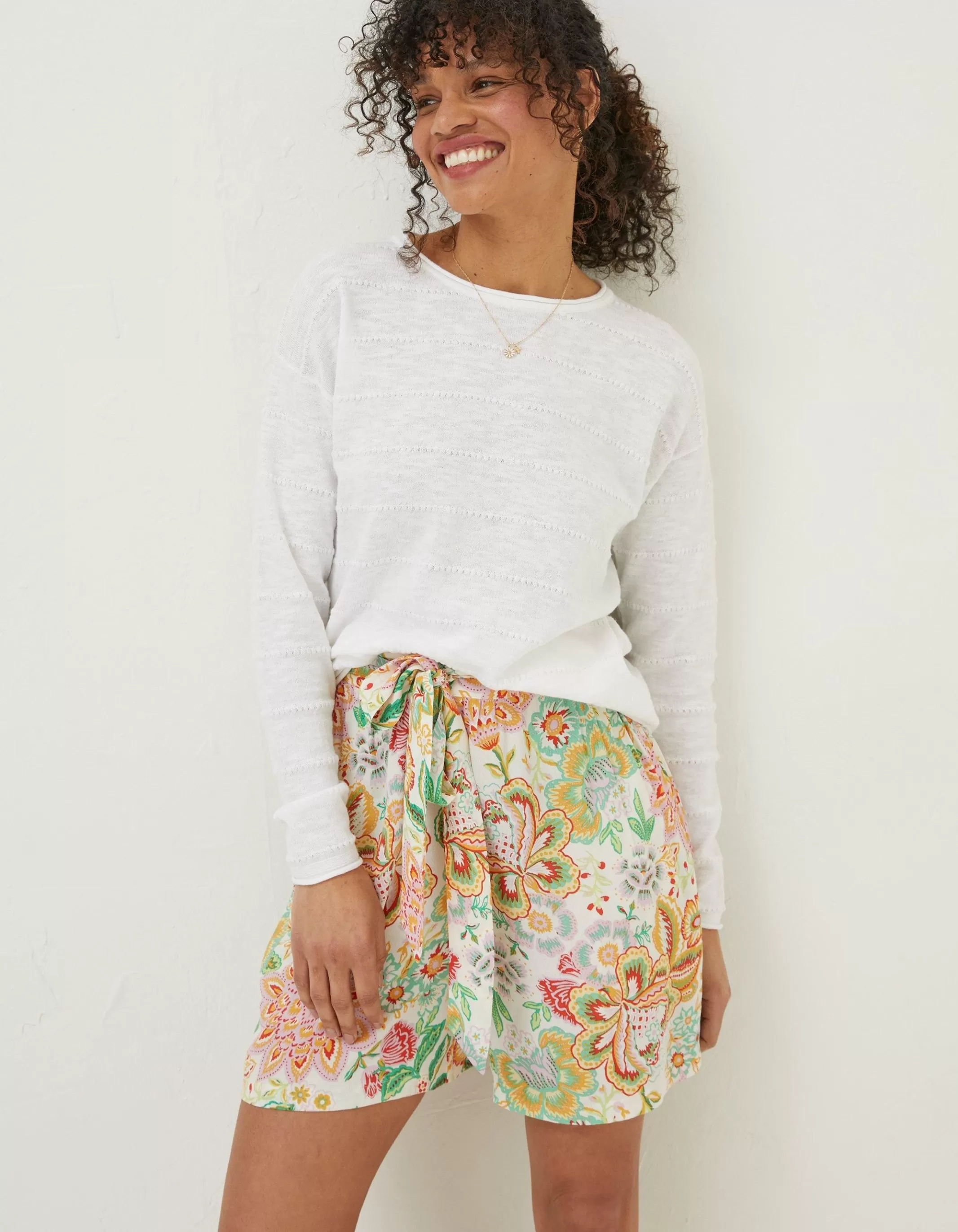 New FatFace Isobella Linen Blend Button Back Jumper White