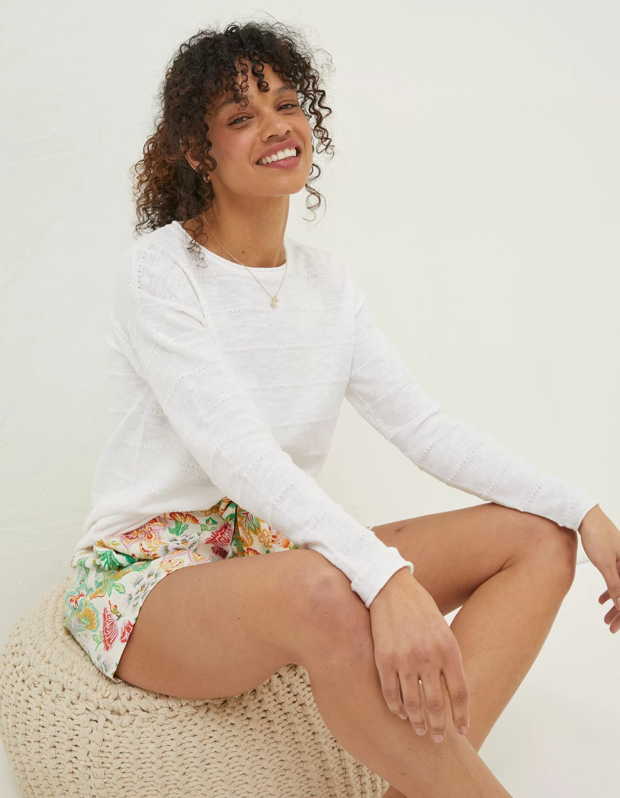 New FatFace Isobella Linen Blend Button Back Jumper White