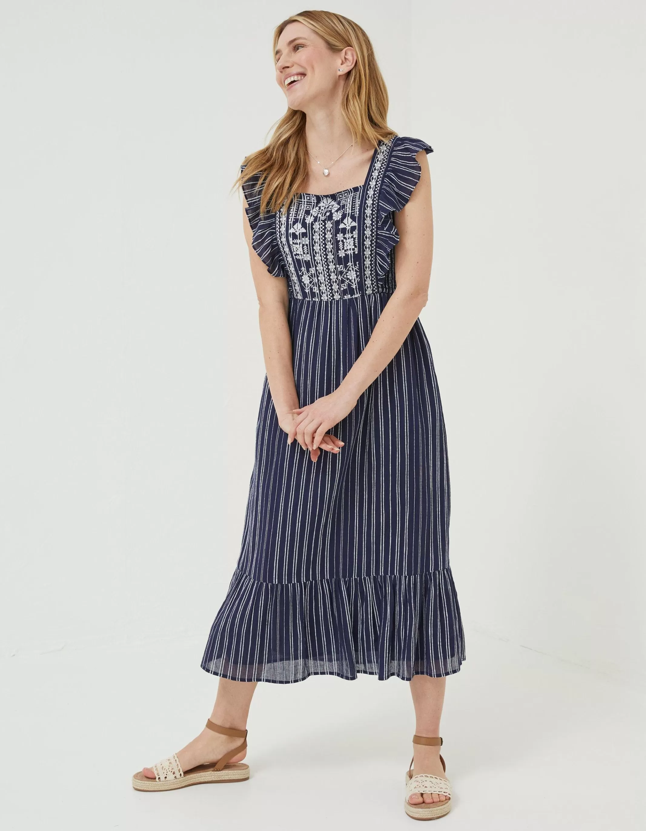 Sale FatFace Izzi Stripe Embroidered Midi Dress Navy