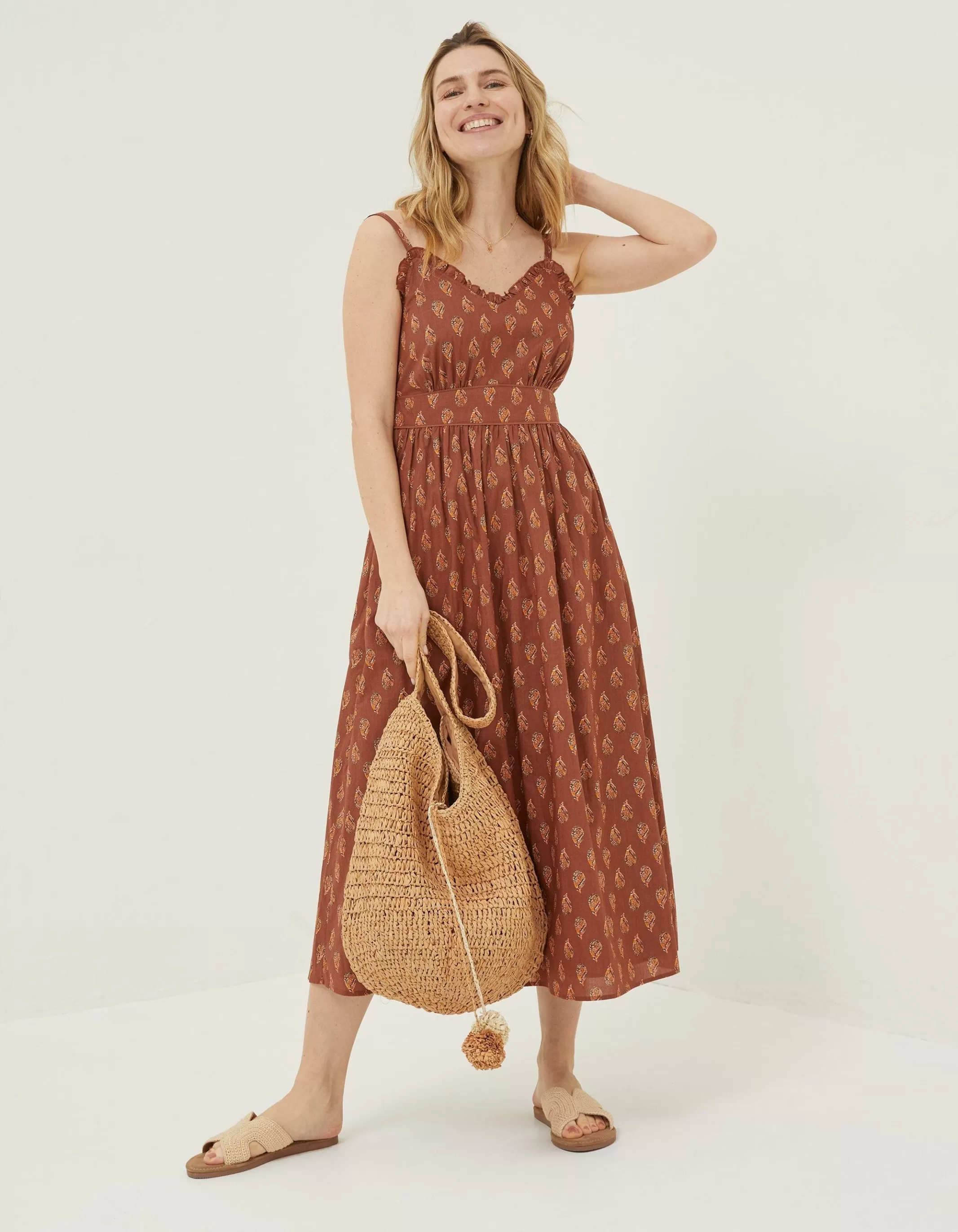 Discount FatFace Jayden Woodblock Midi Dress Tan