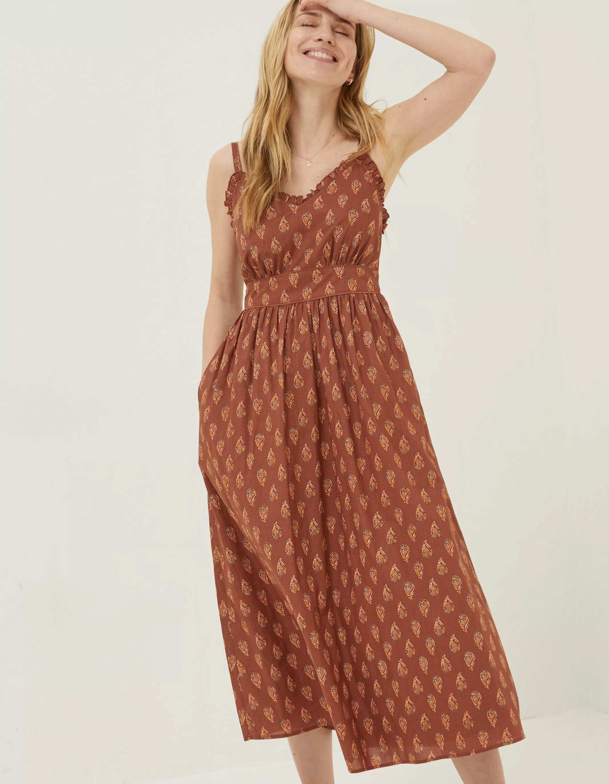 Discount FatFace Jayden Woodblock Midi Dress Tan