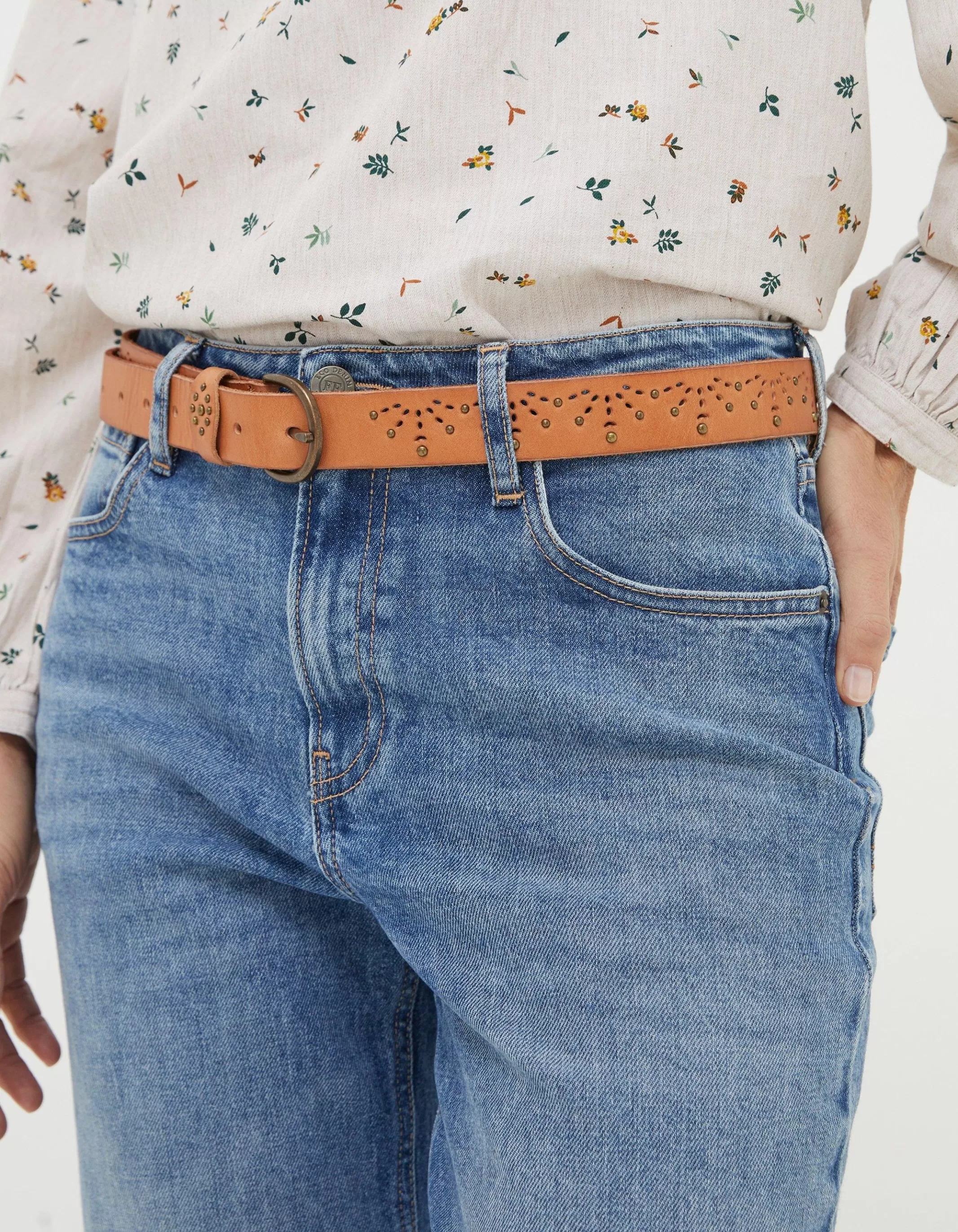 Cheap FatFace Jean Geo Laser Cut Leather Belt Tan