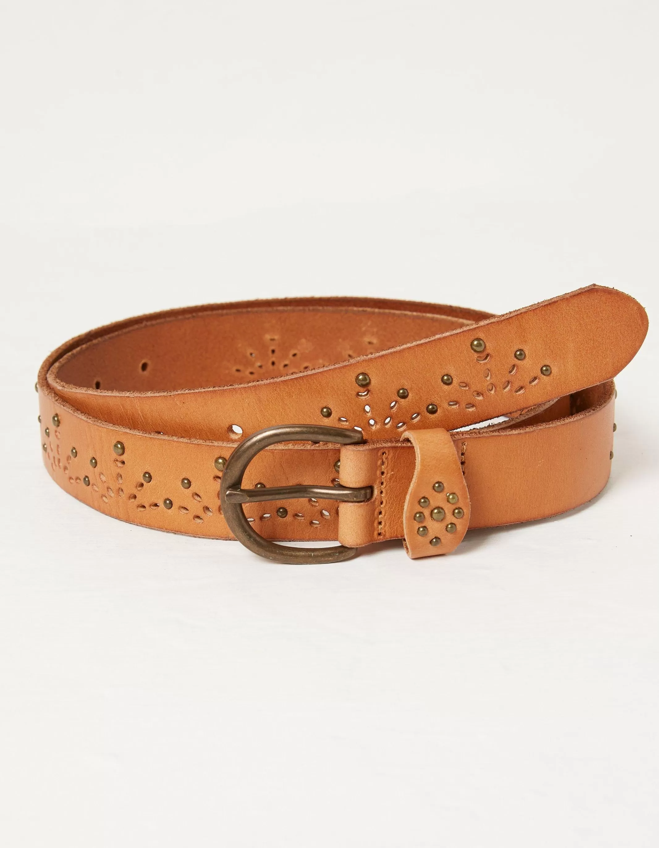 Cheap FatFace Jean Geo Laser Cut Leather Belt Tan