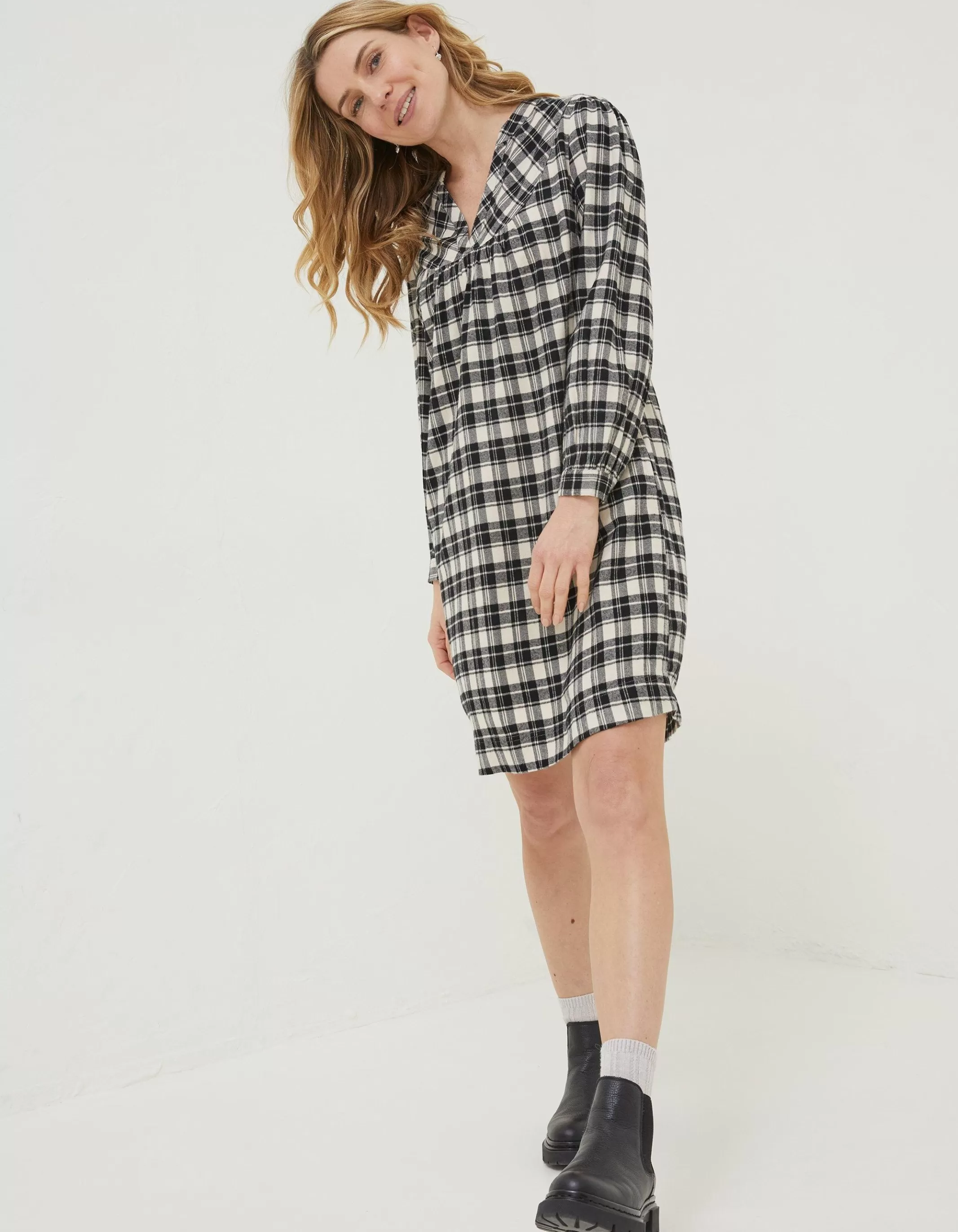 Shop FatFace Jessie Check Smock Dress Ivory