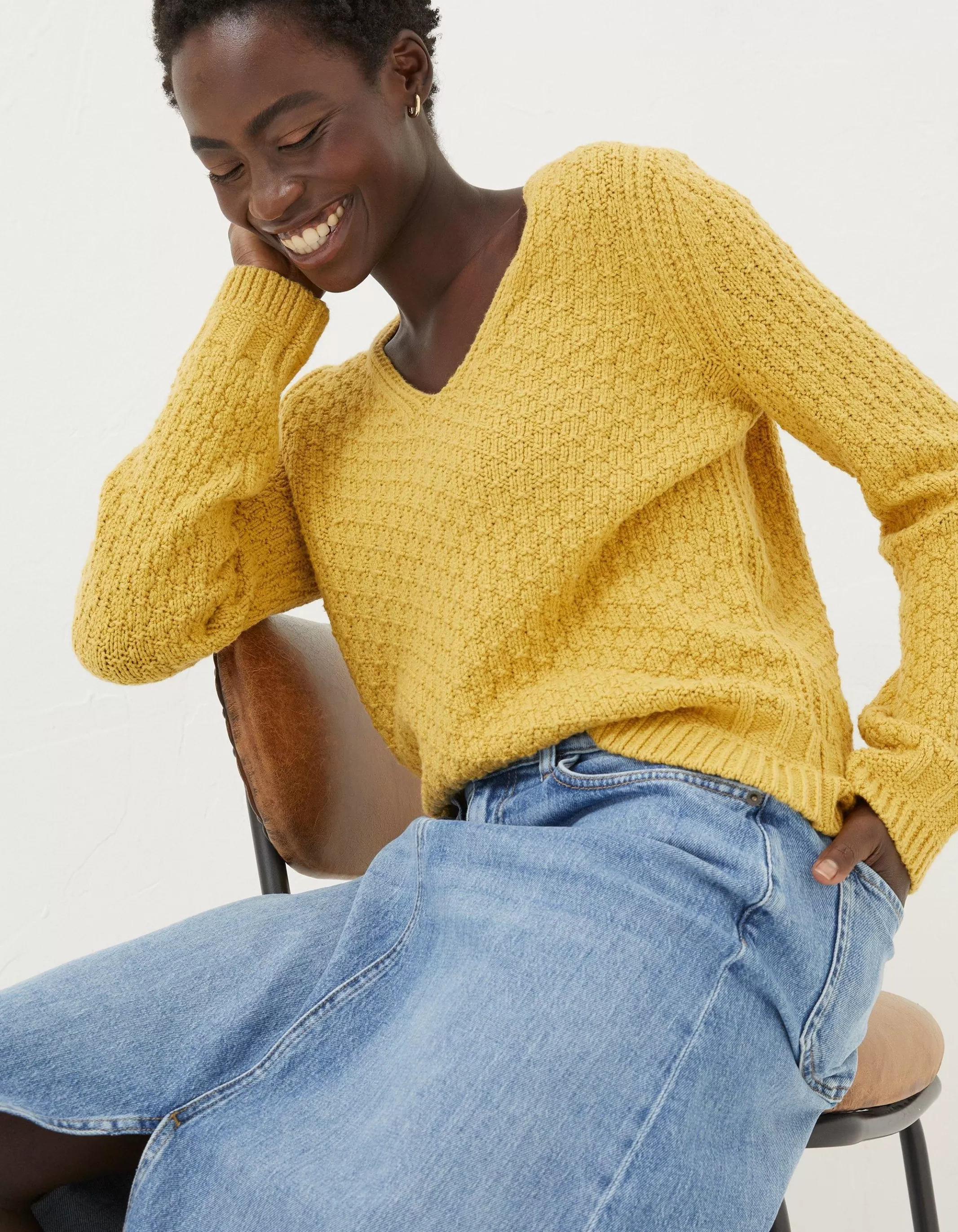 Best FatFace Josie V Neck Jumper Yellow