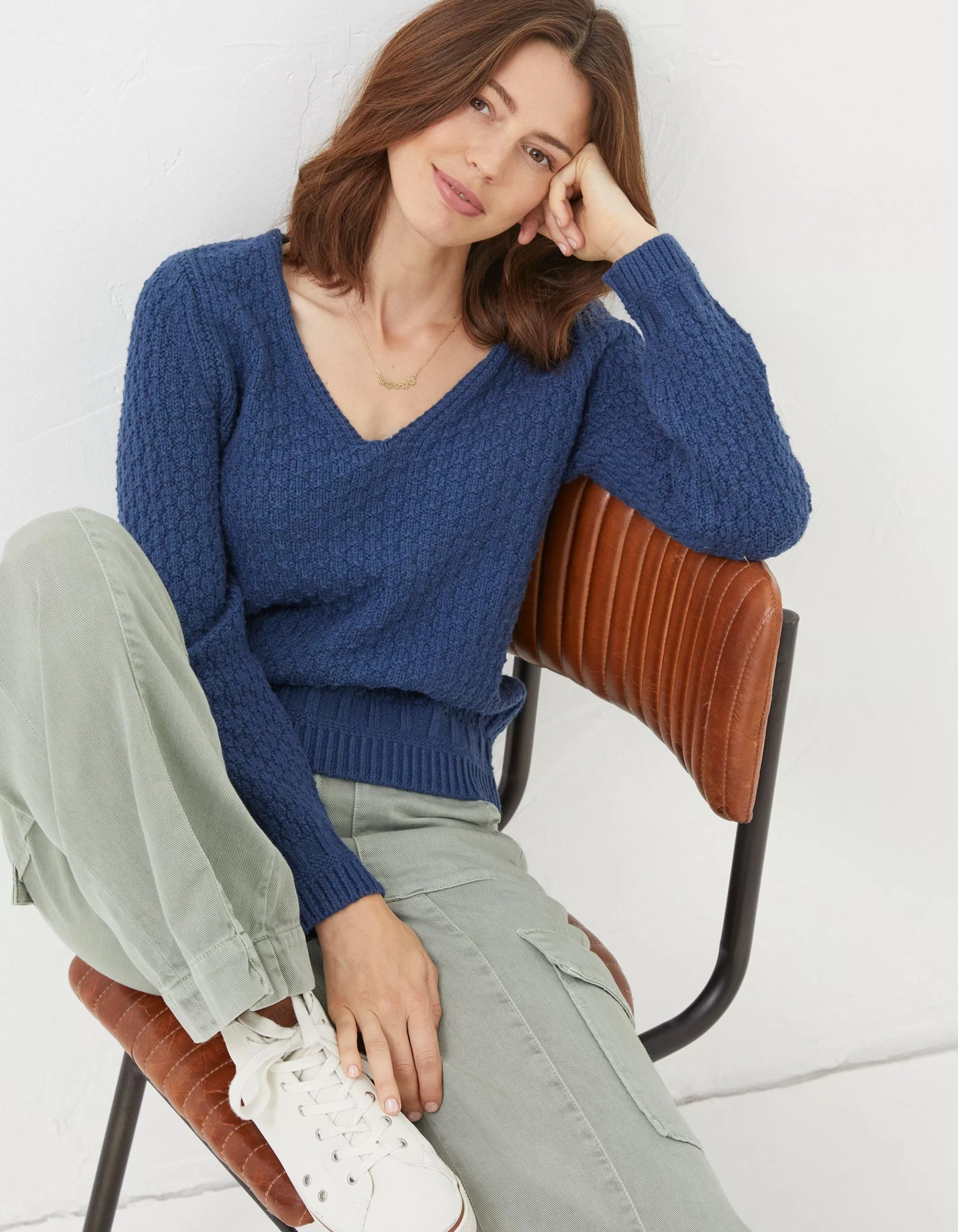 New FatFace Josie V Neck Jumper Navy