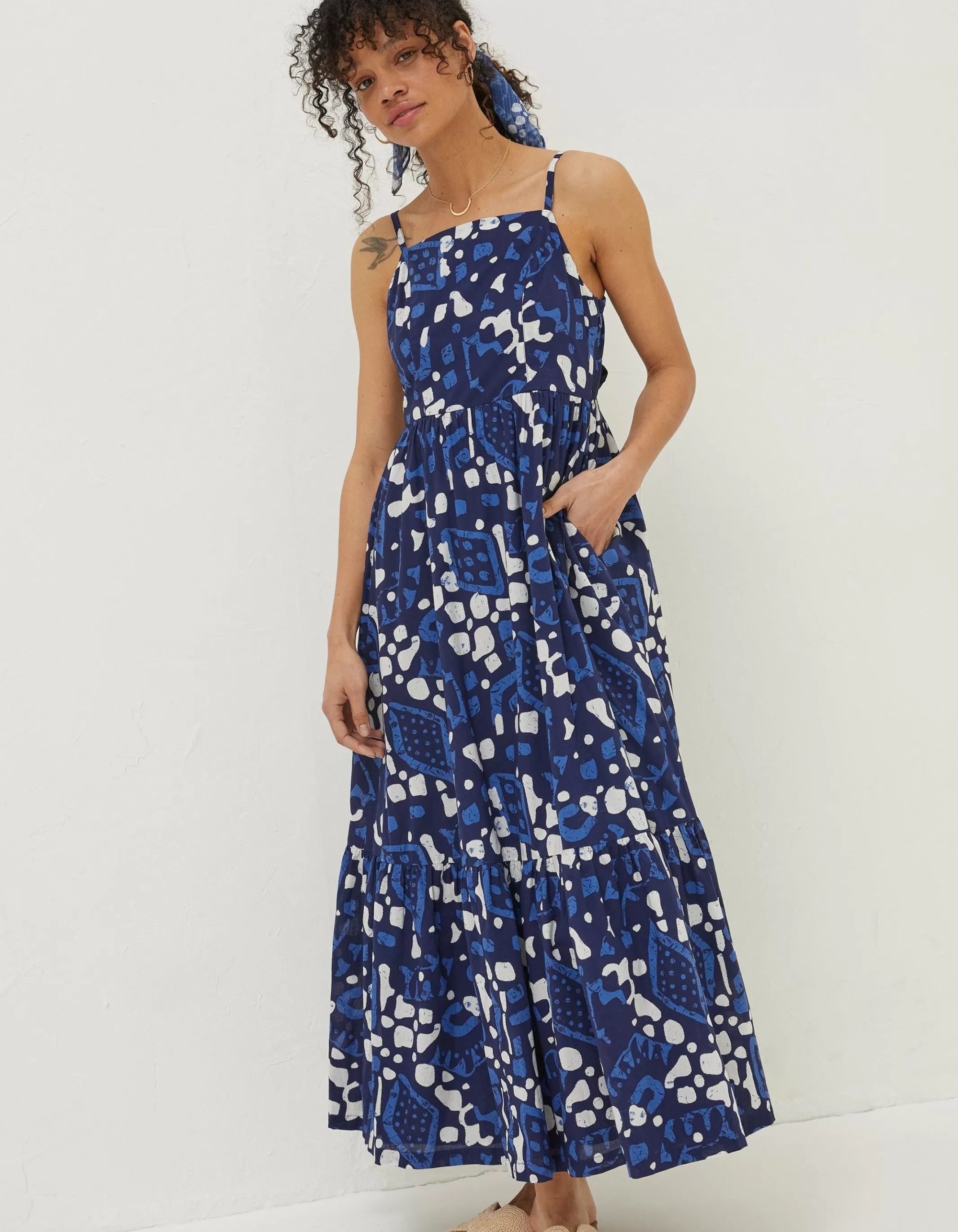 Shop FatFace Julien Geo Batik Midi Dress Navy