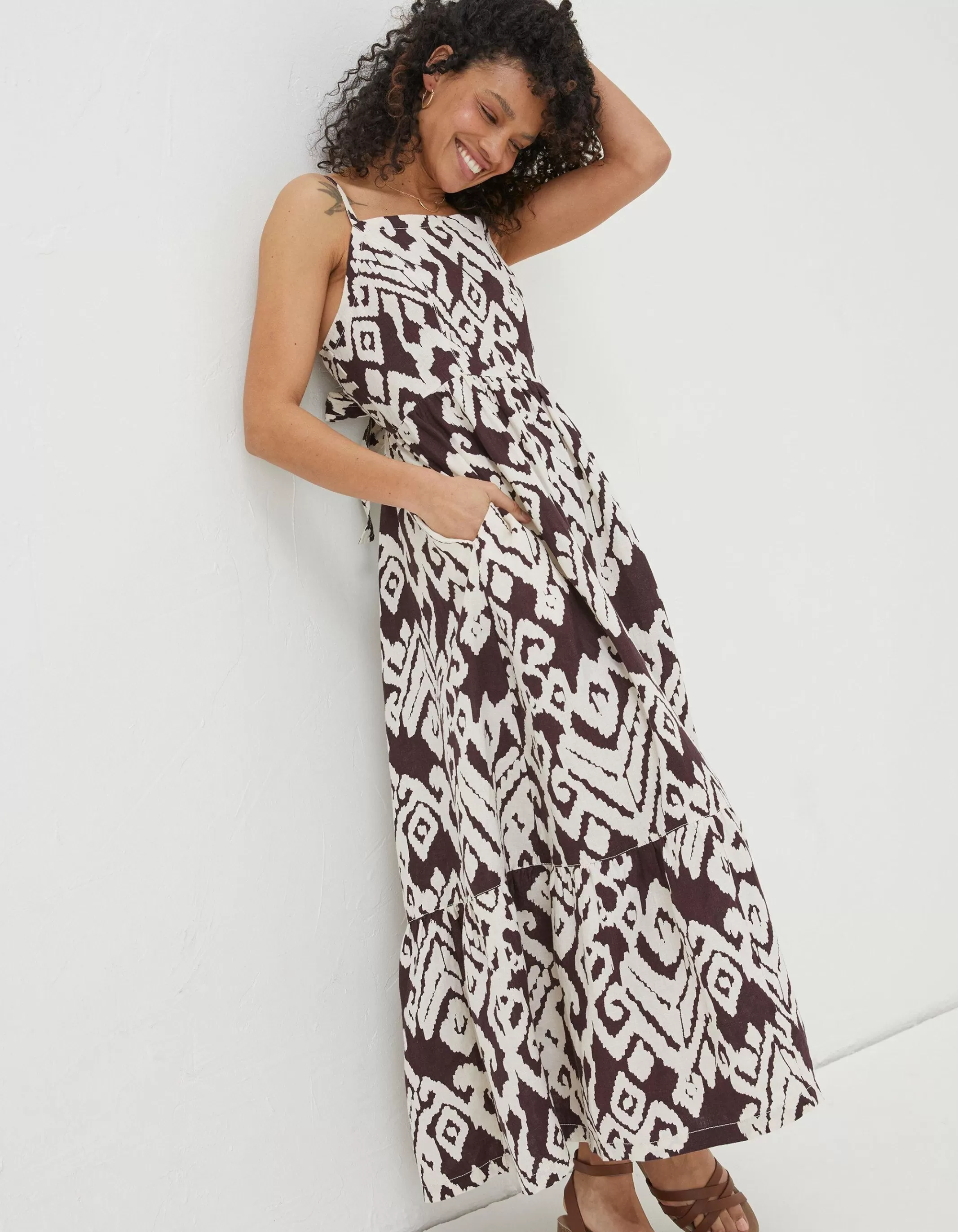 Cheap FatFace Julien Ikat Linen Midi Dress Dark Brown