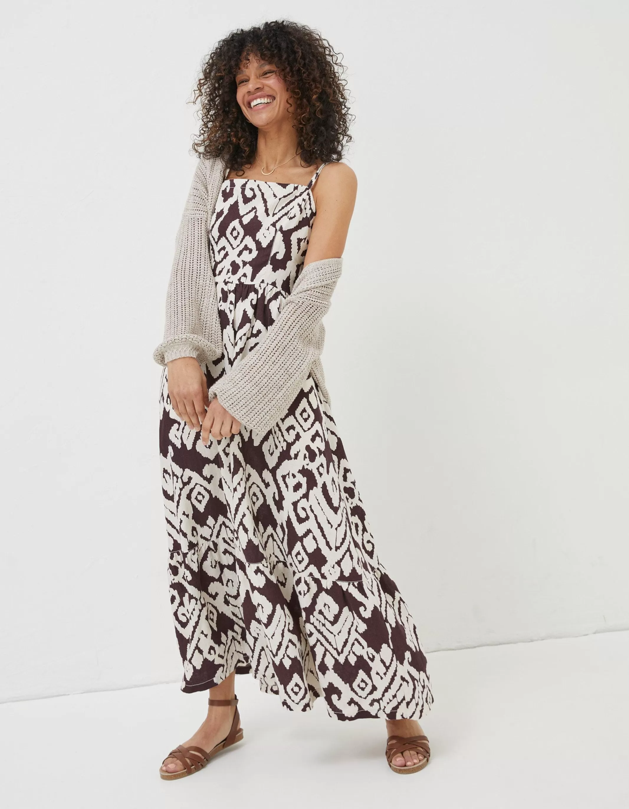 Cheap FatFace Julien Ikat Linen Midi Dress Dark Brown