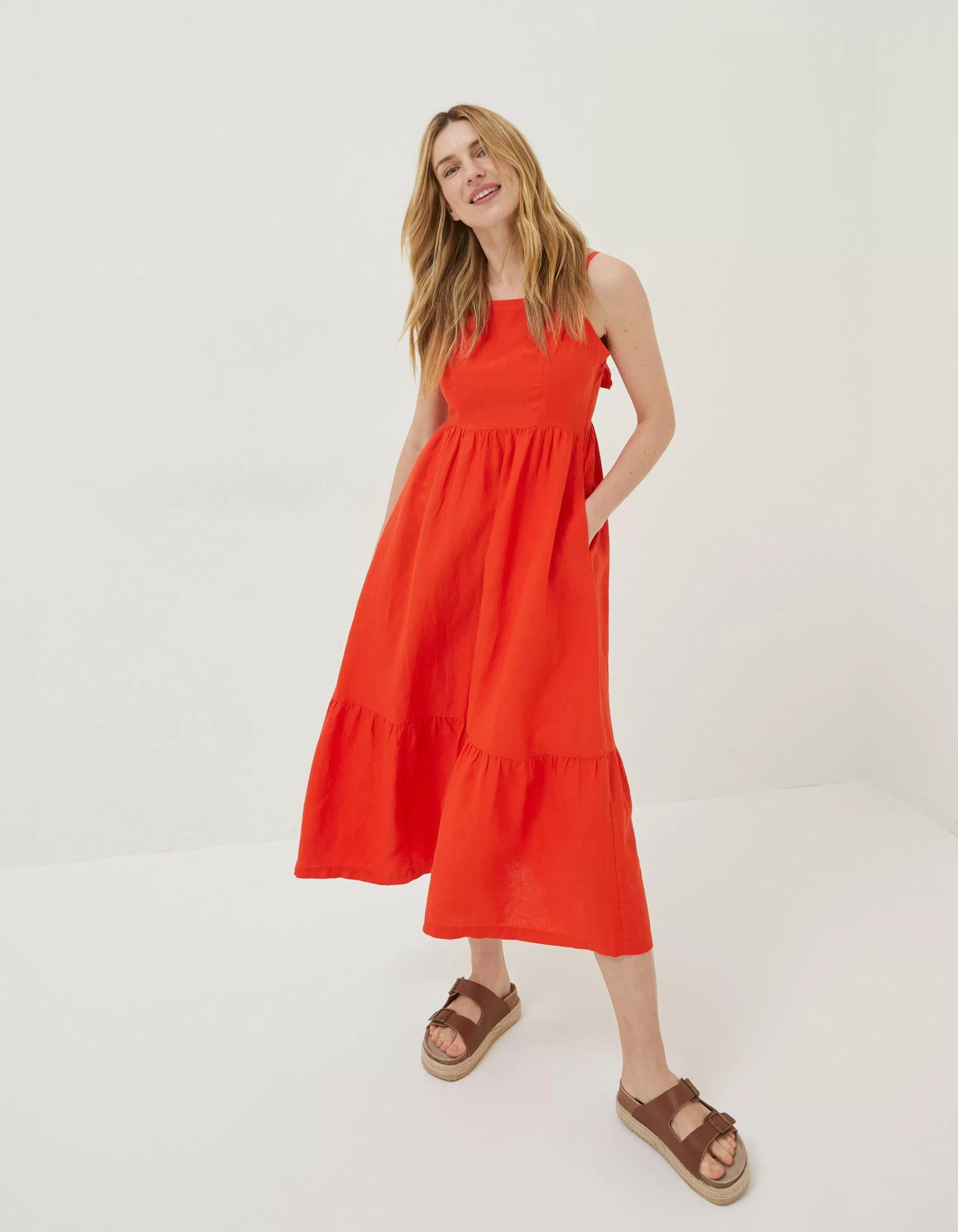 Flash Sale FatFace Julien Tie Back Linen Midi Dress Bright Red