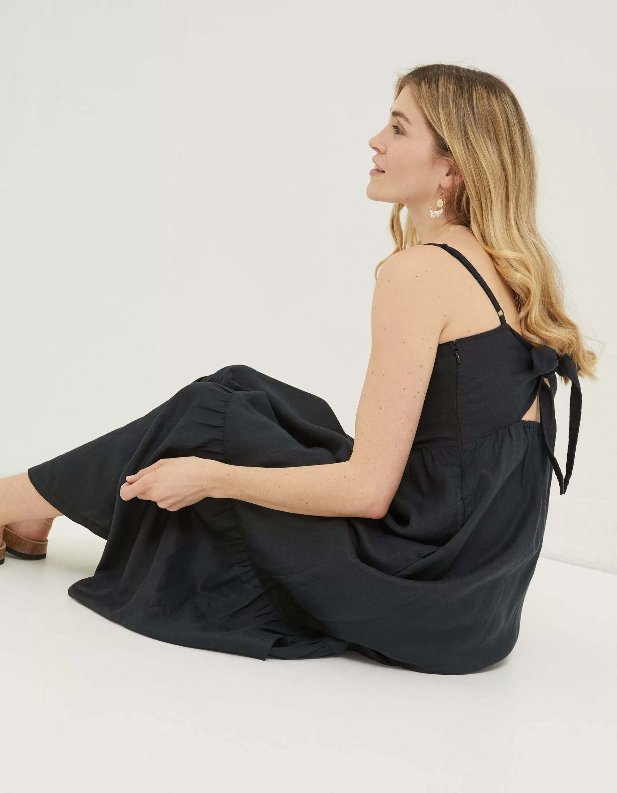 Shop FatFace Julien Tie Back Linen Midi Dress Black