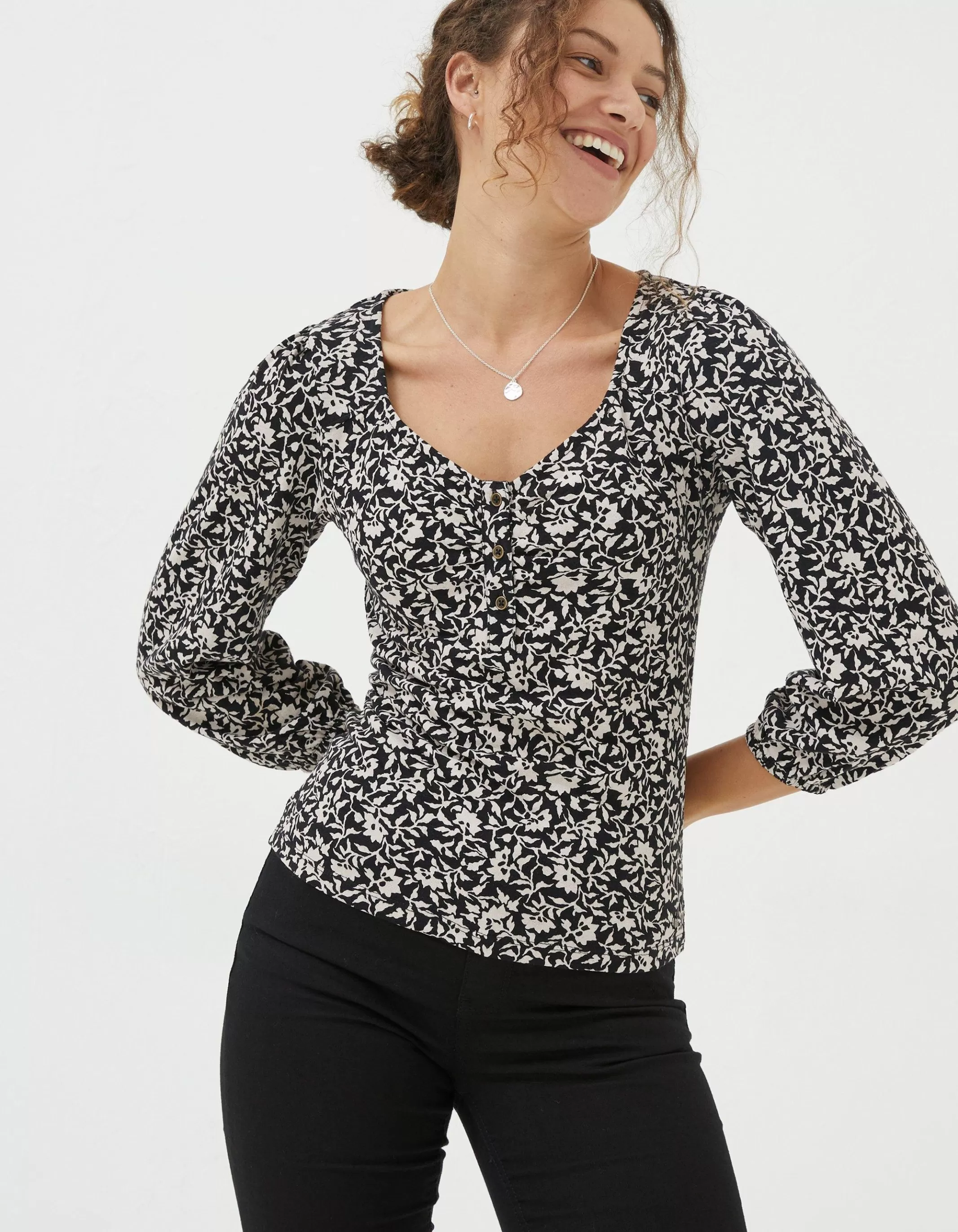 Best FatFace Kara Mono Vines Top Black