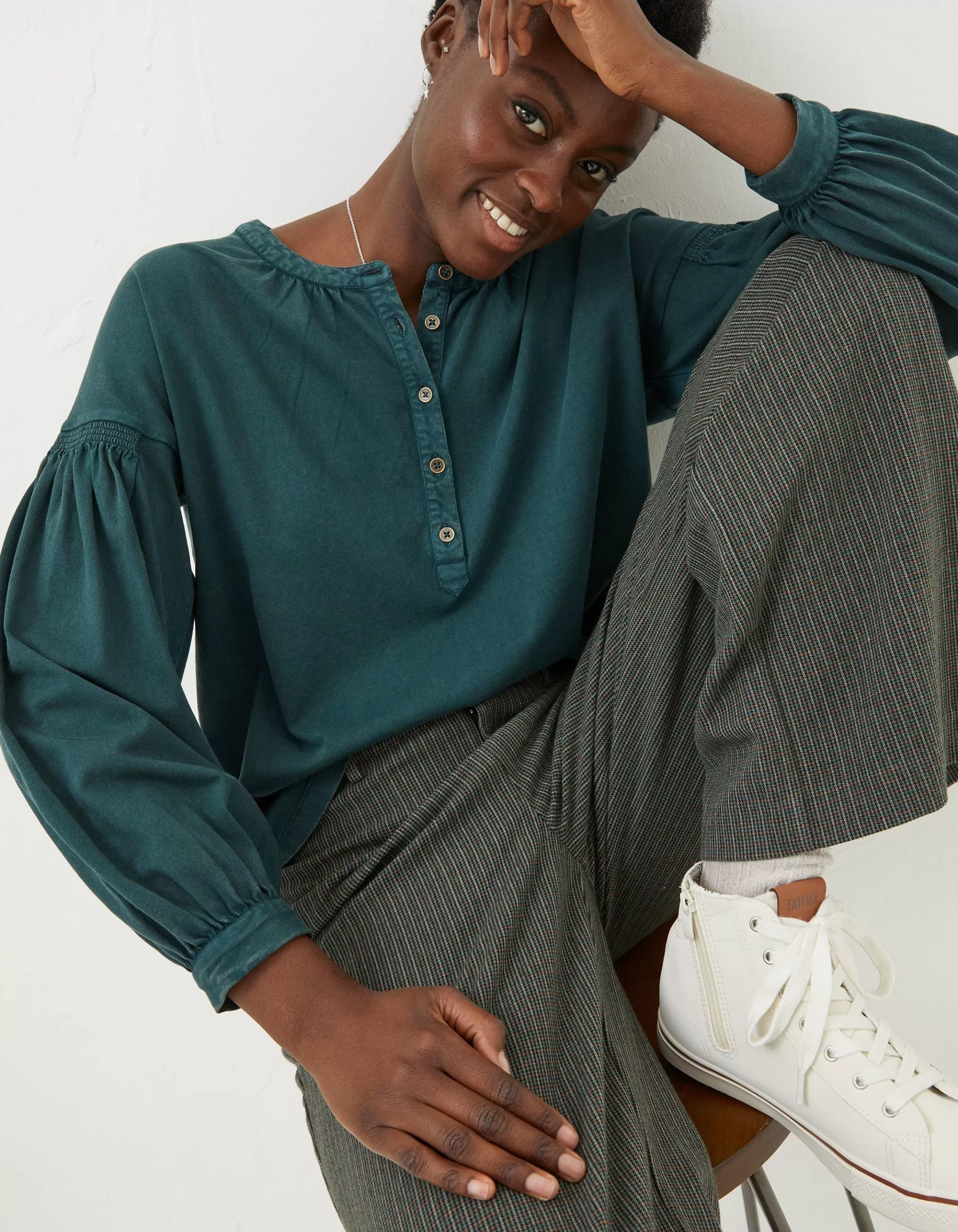 Sale FatFace Keira Henley Top Teal Green