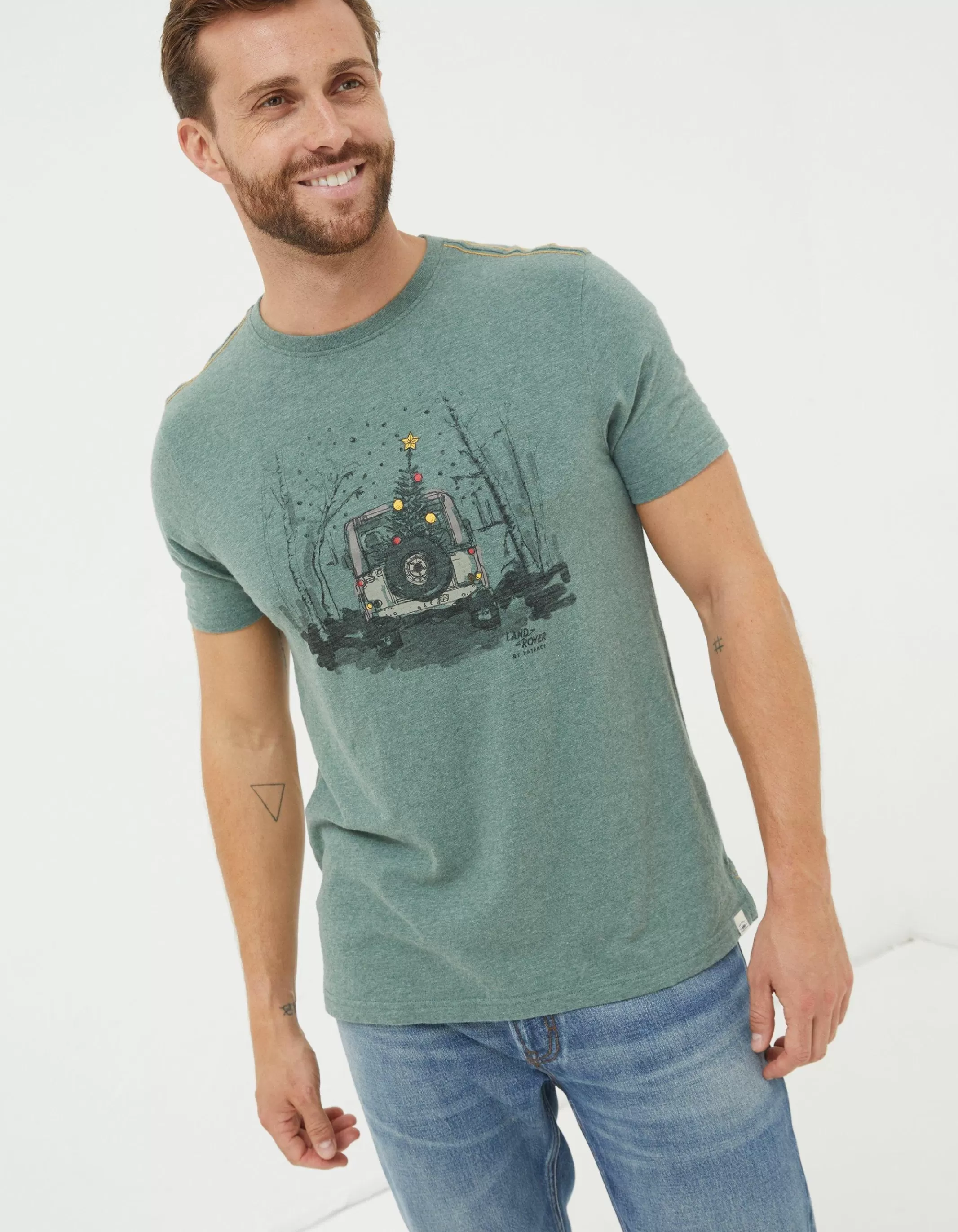 Discount FatFace Land Rover Painted T-Shirt Green Haze Marl
