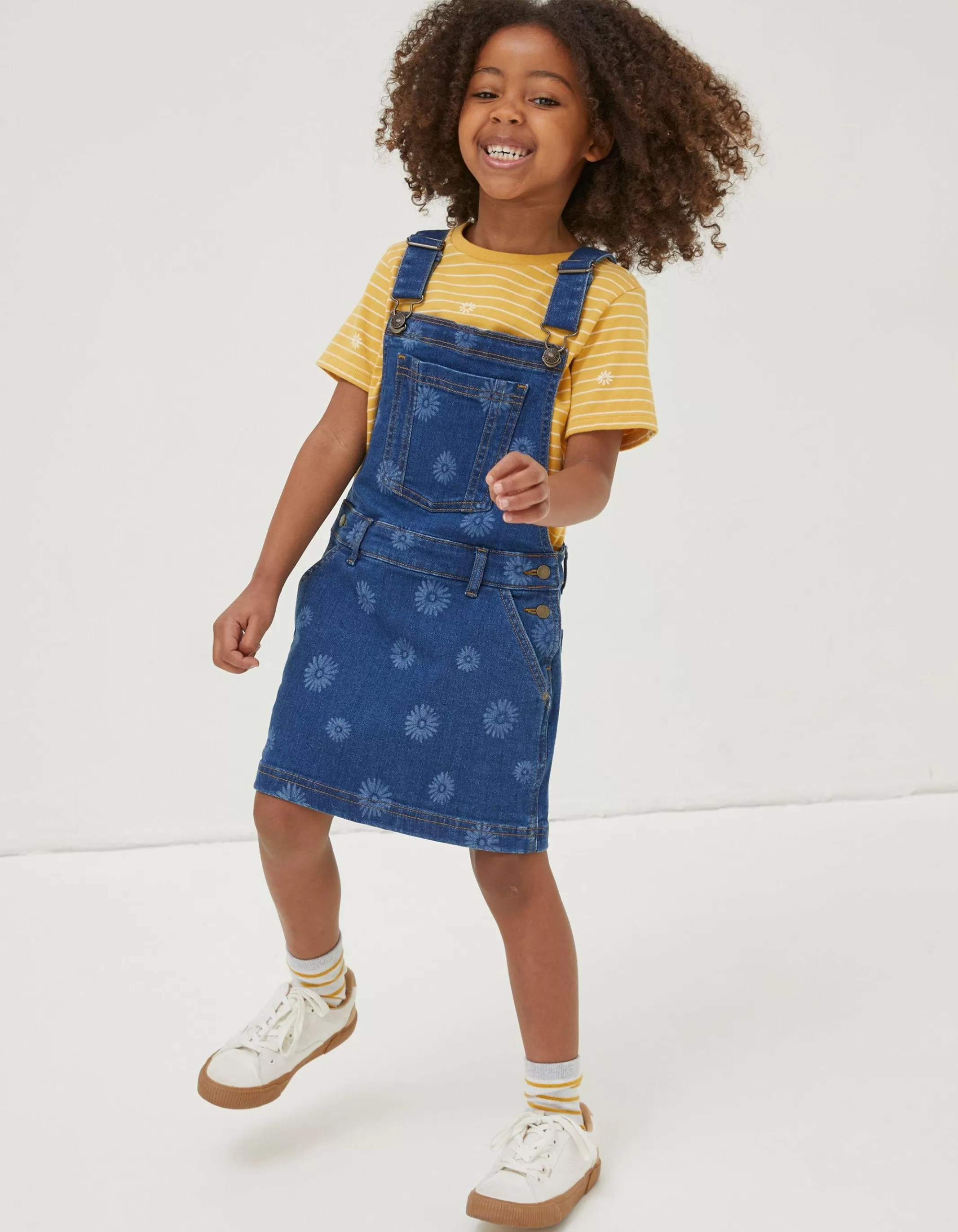 Best Sale FatFace Laser Print Denim Pinafore Dress Denim Blue