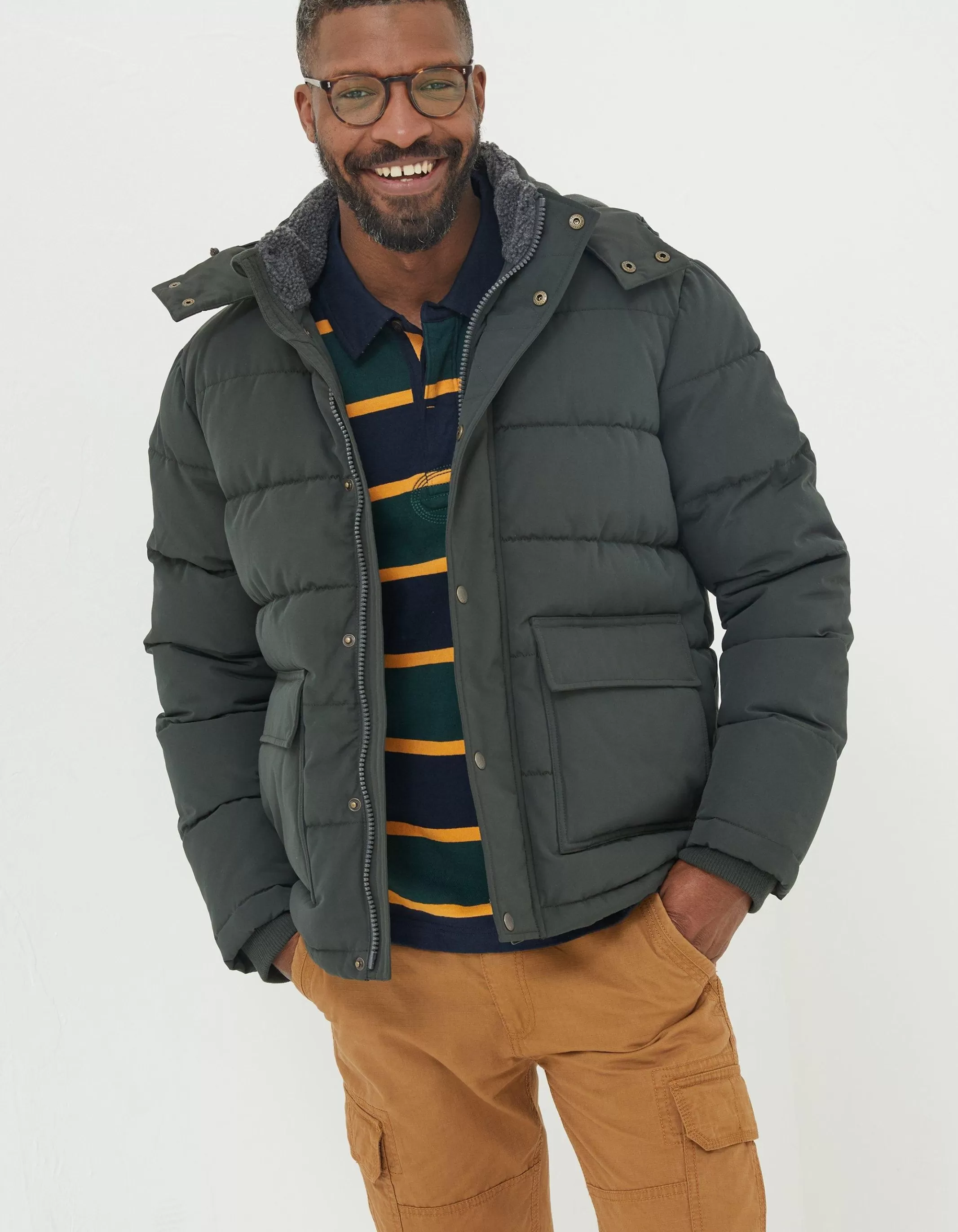 Shop FatFace Launton Short Puffer Jacket Dark Green