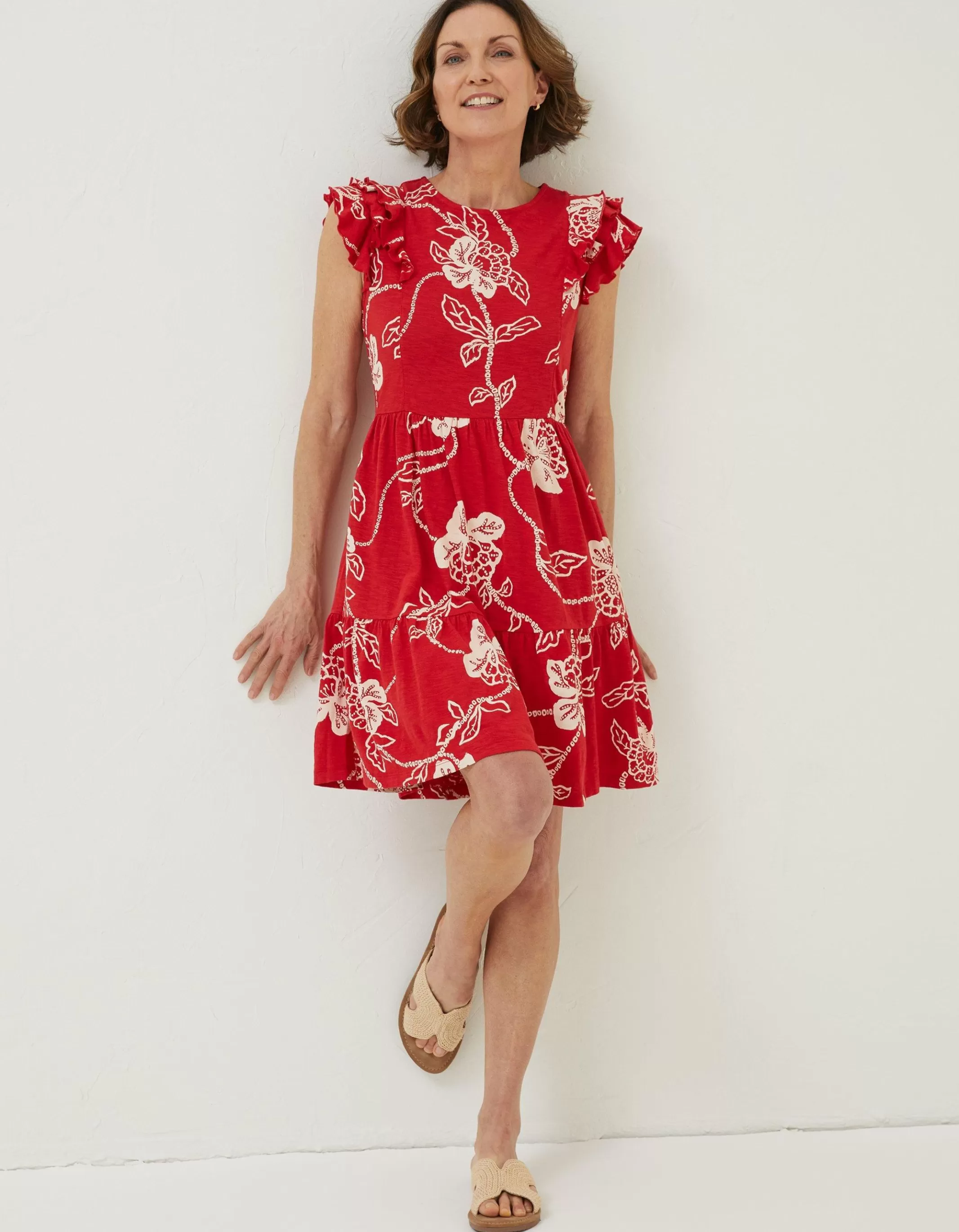 Hot FatFace Laurie Batik Jersey Dress Tomato Red