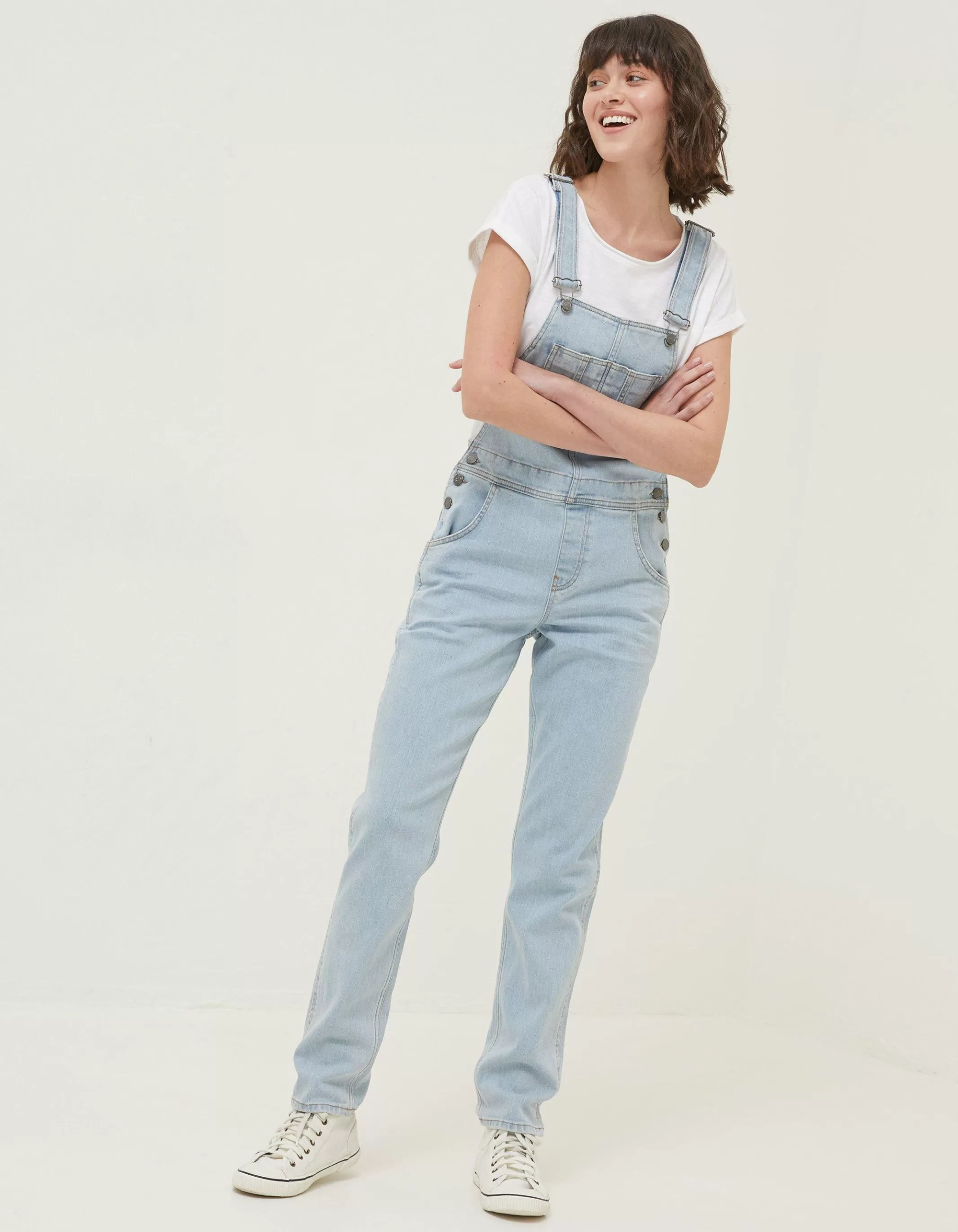 Discount FatFace Lewes Slim Leg Denim Dungarees Light Blue