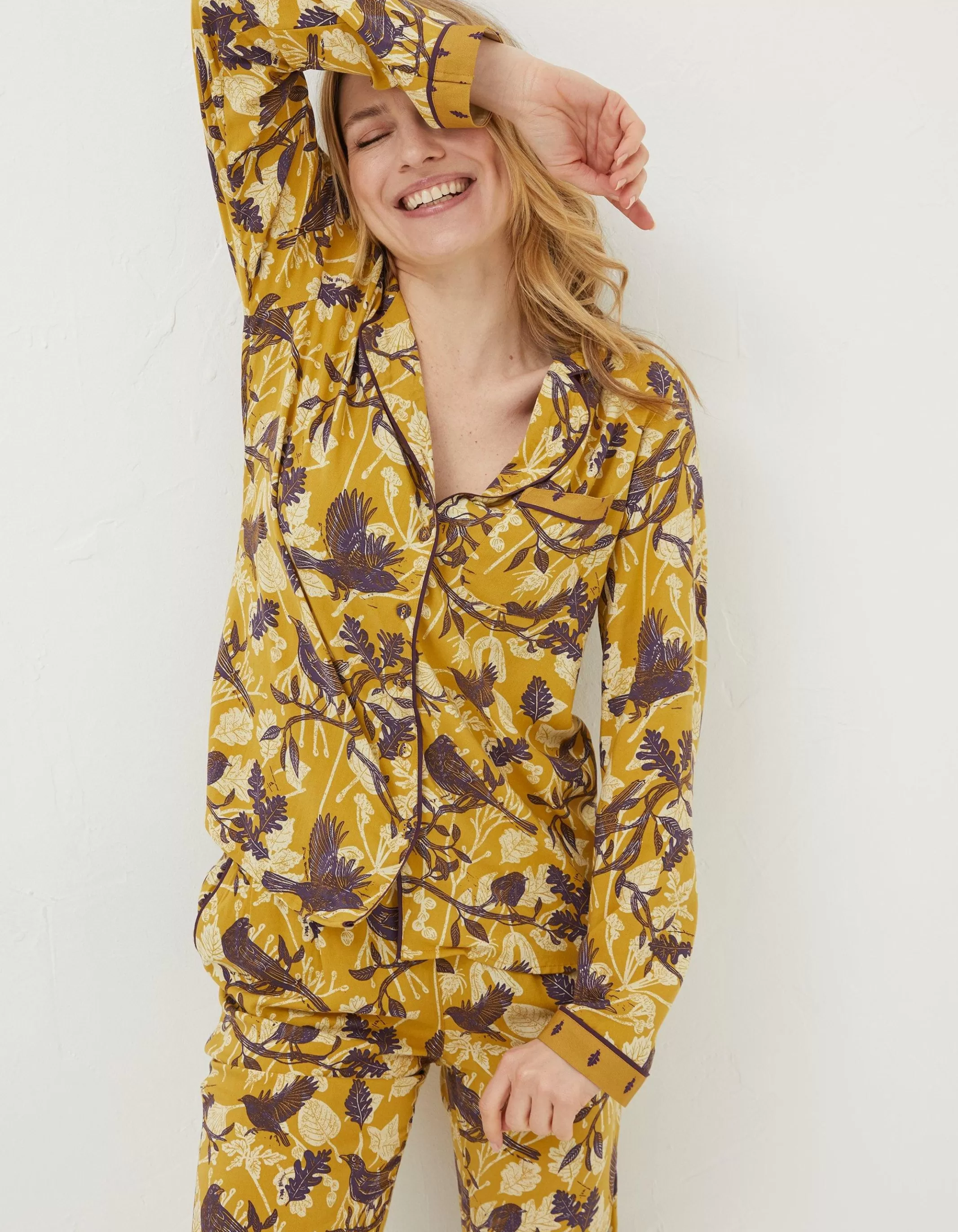 Shop FatFace Lino Birds Pyjama Top Washed Yellow
