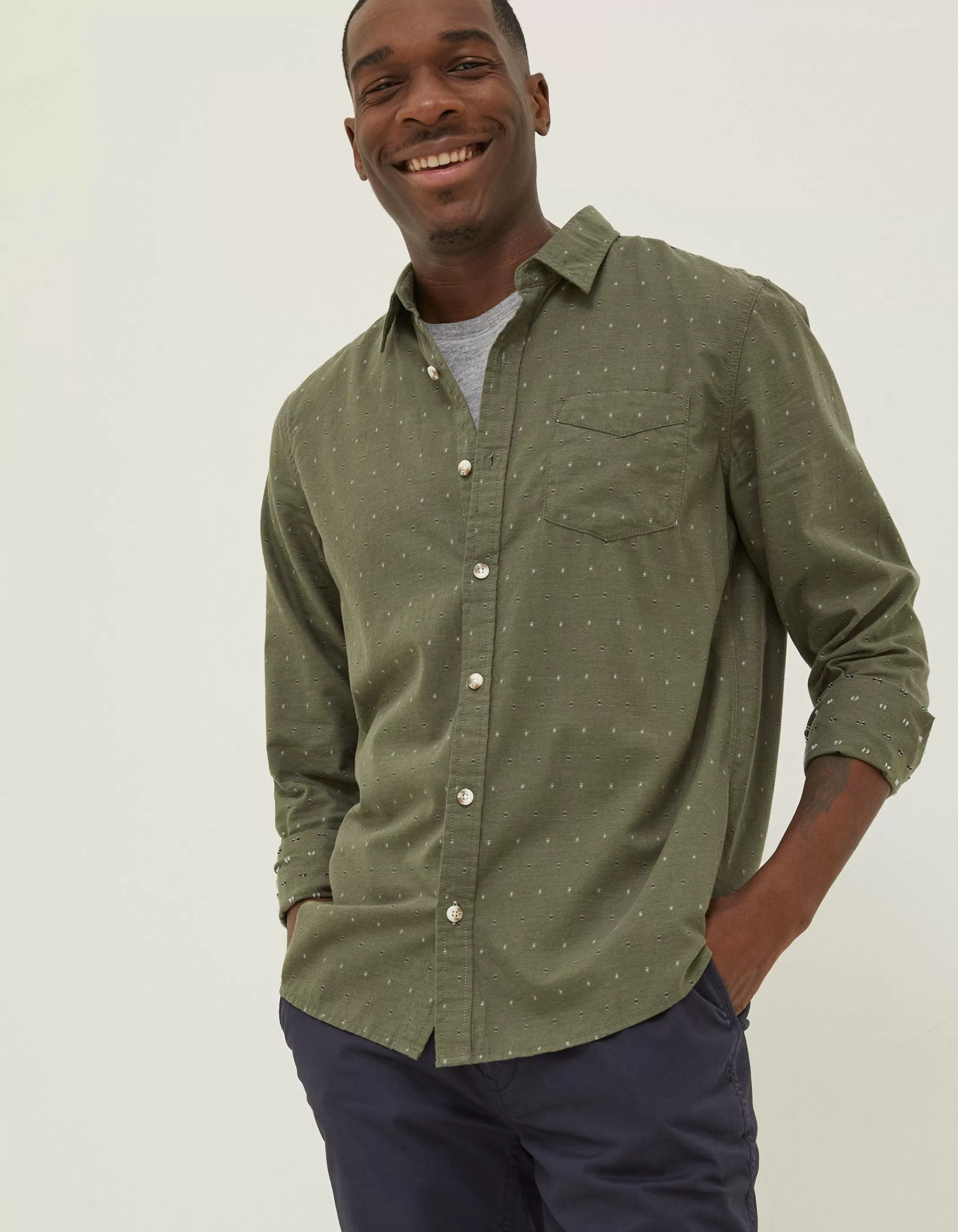 Discount FatFace Long Sleeve Kaber Dobby Shirt Khaki Green