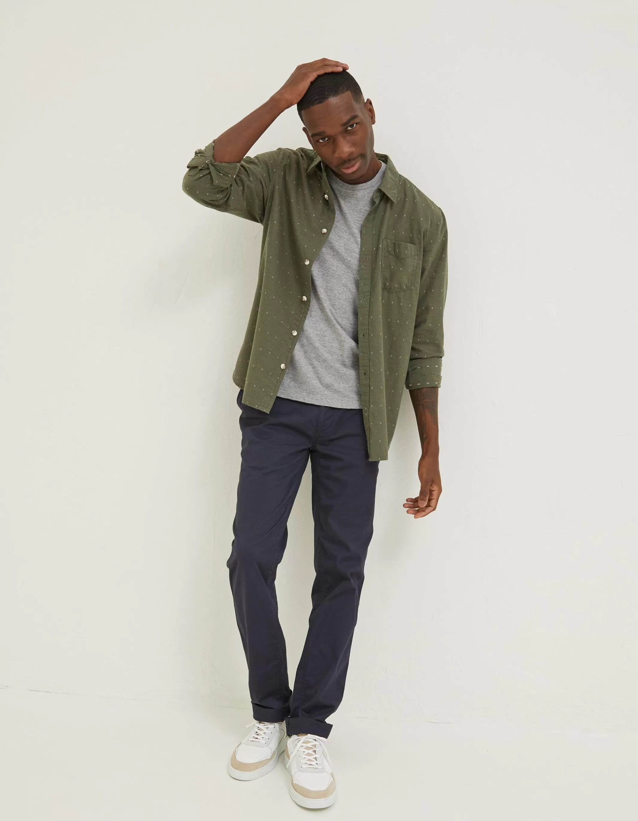 Discount FatFace Long Sleeve Kaber Dobby Shirt Khaki Green