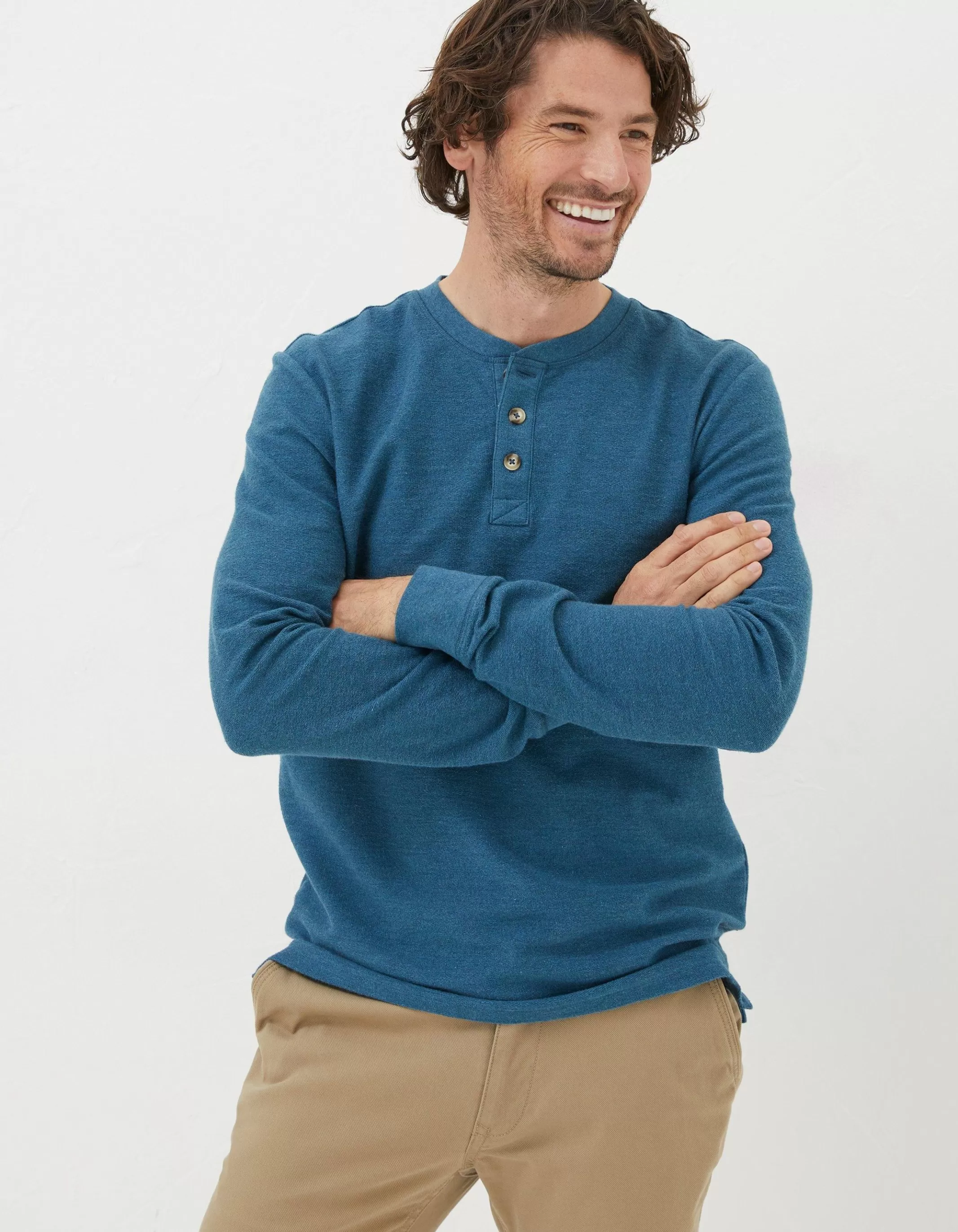 Clearance FatFace Long Sleeve Kintbury Henley Teal Blue