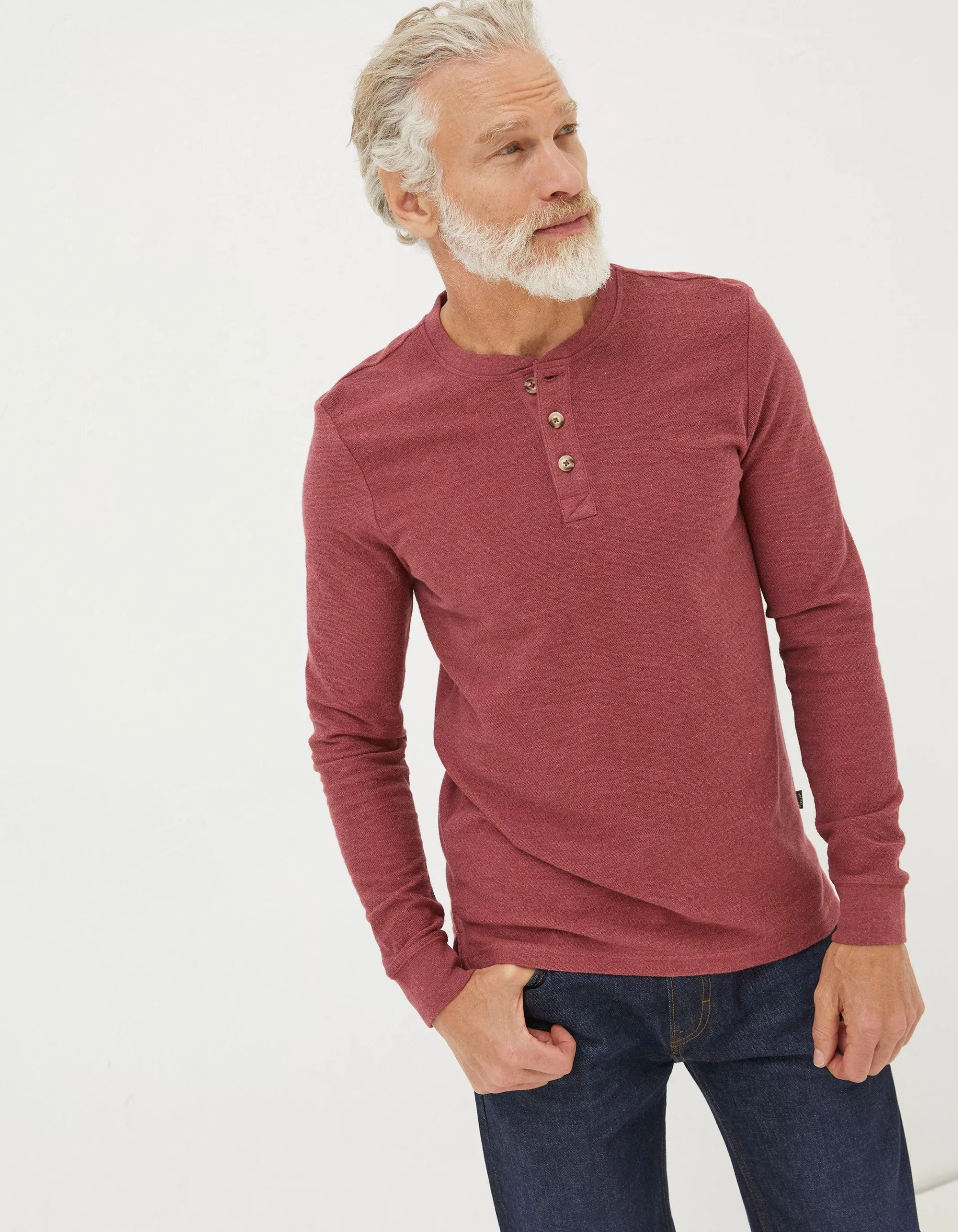 New FatFace Long Sleeve Kintbury Henley Burgundy
