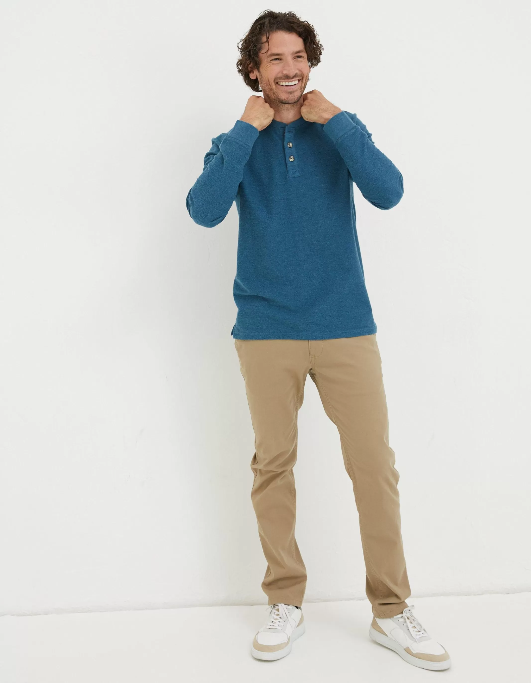 Clearance FatFace Long Sleeve Kintbury Henley Teal Blue