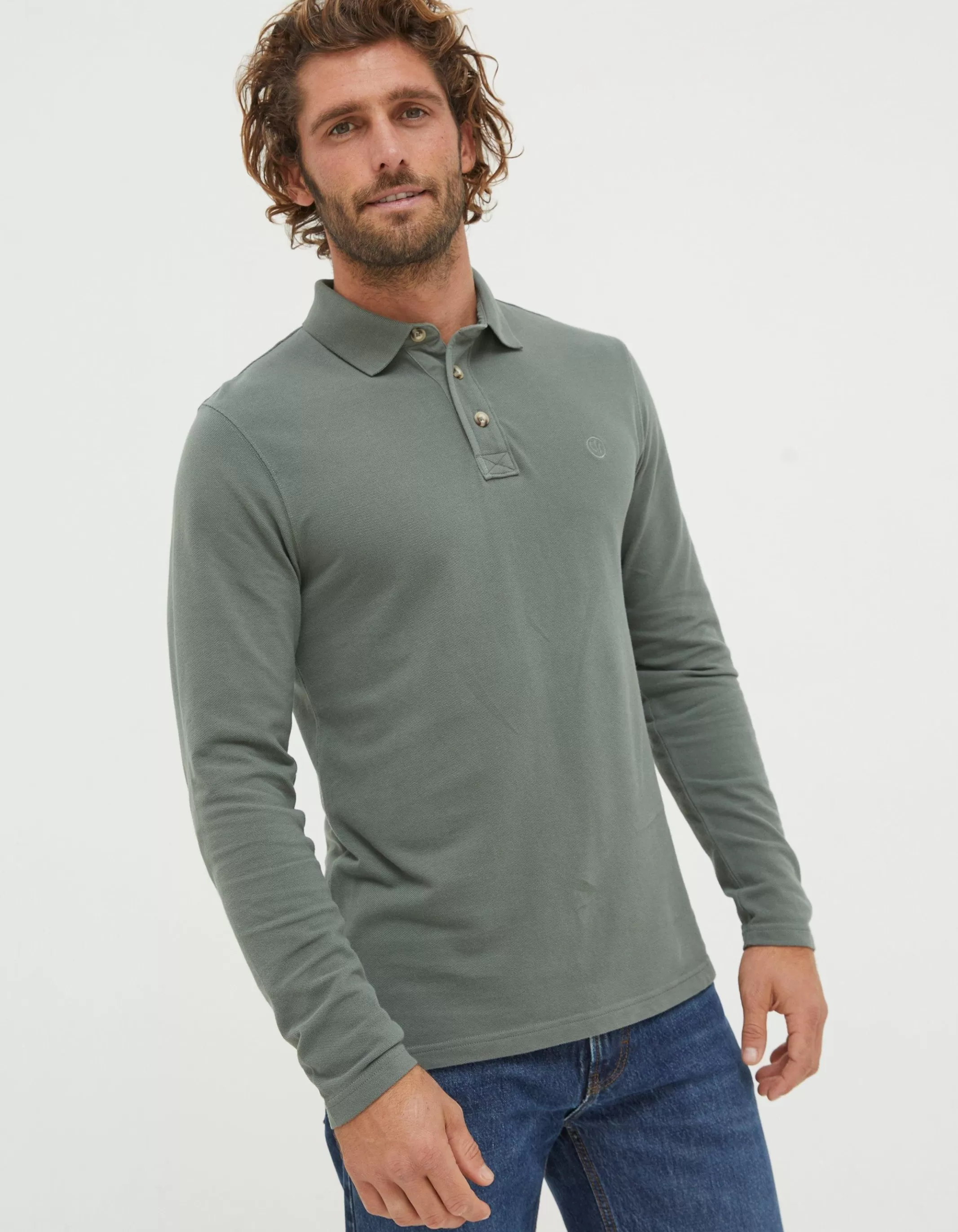 Best FatFace Long Sleeve Organic Cotton Pique Polo Green Haze