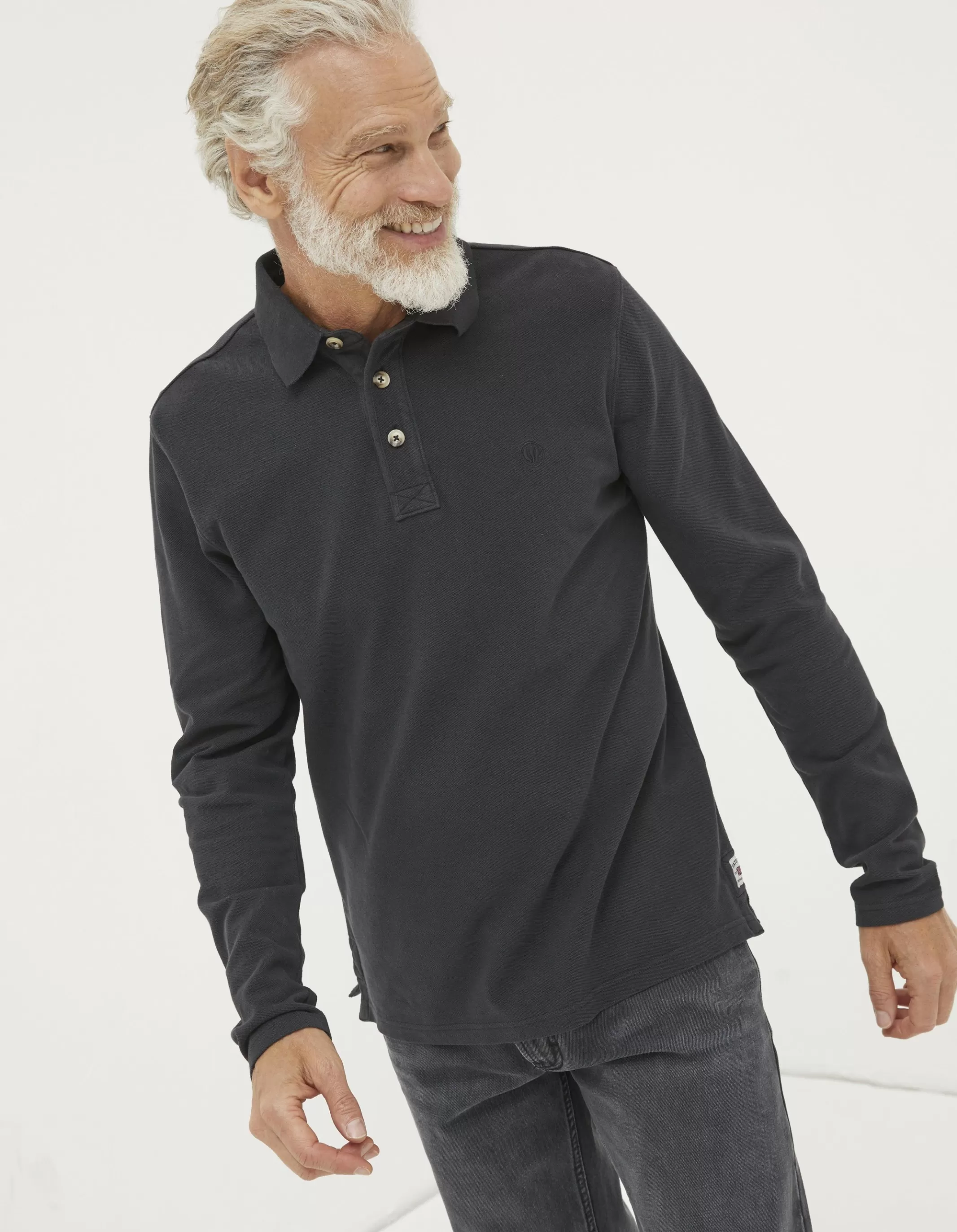 Outlet FatFace Long Sleeve Organic Cotton Pique Polo Vintage Black