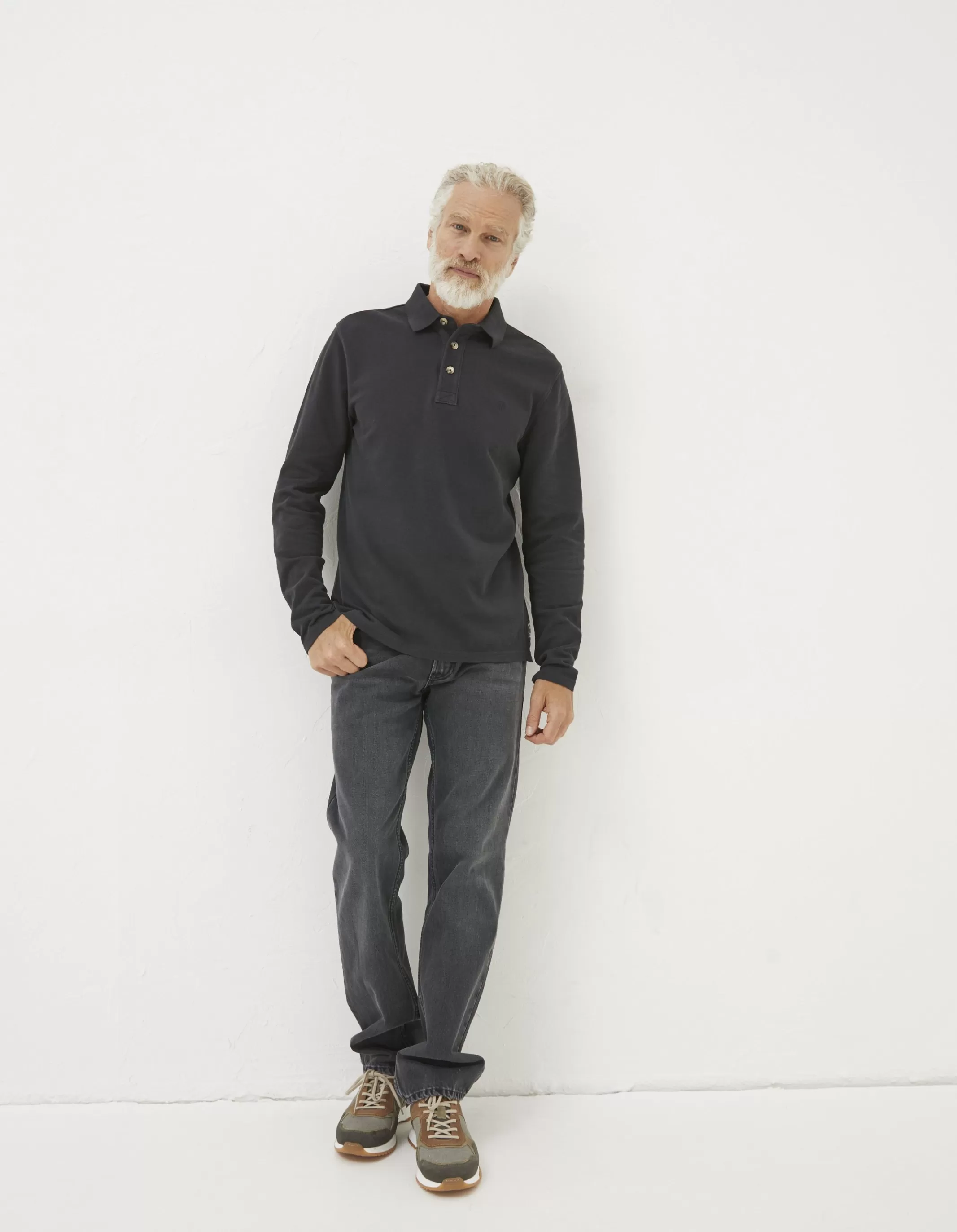 Outlet FatFace Long Sleeve Organic Cotton Pique Polo Vintage Black