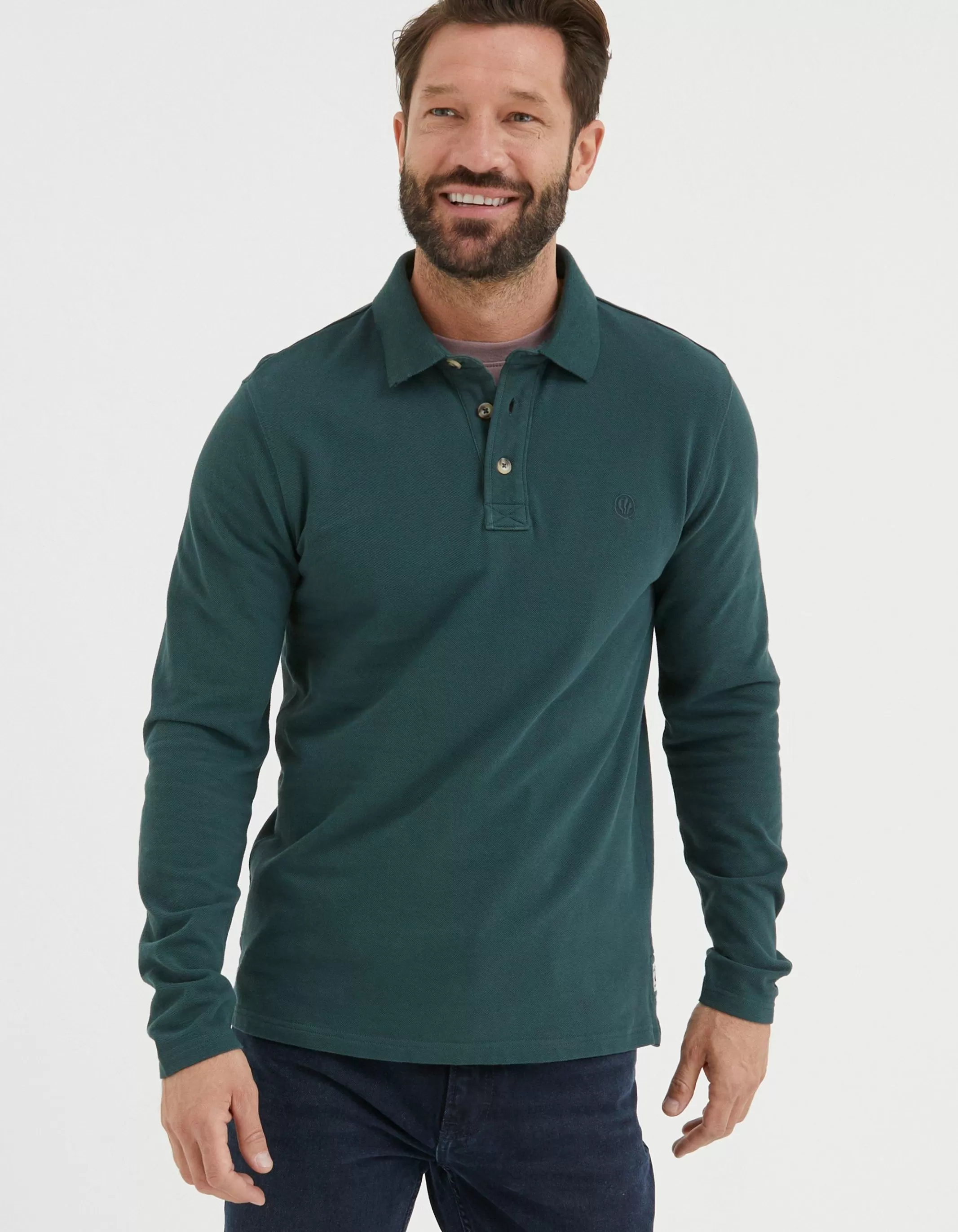 Cheap FatFace Long Sleeve Organic Pique Polo Jade Green