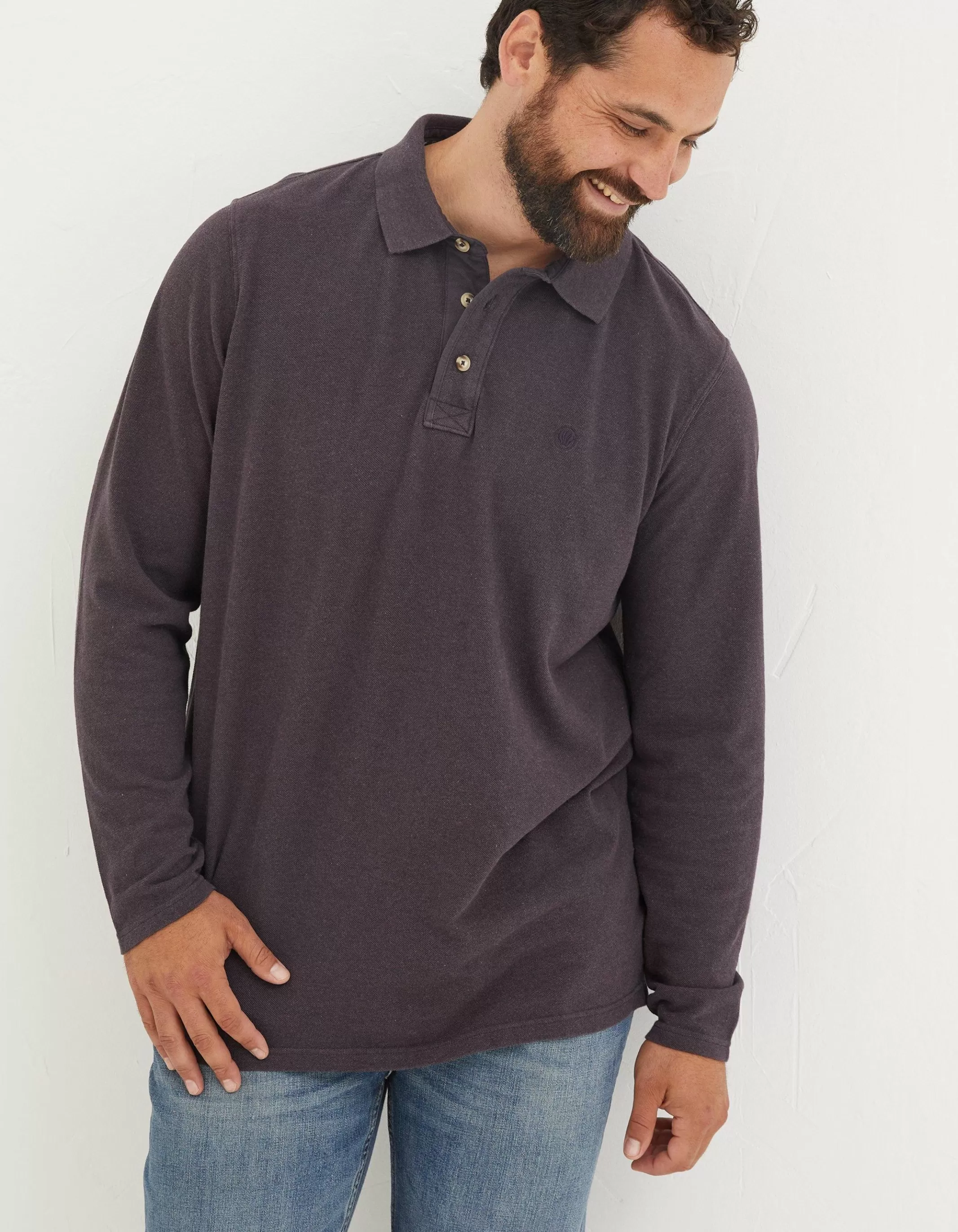 Online FatFace Long Sleeve Organic Pique Polo Plum