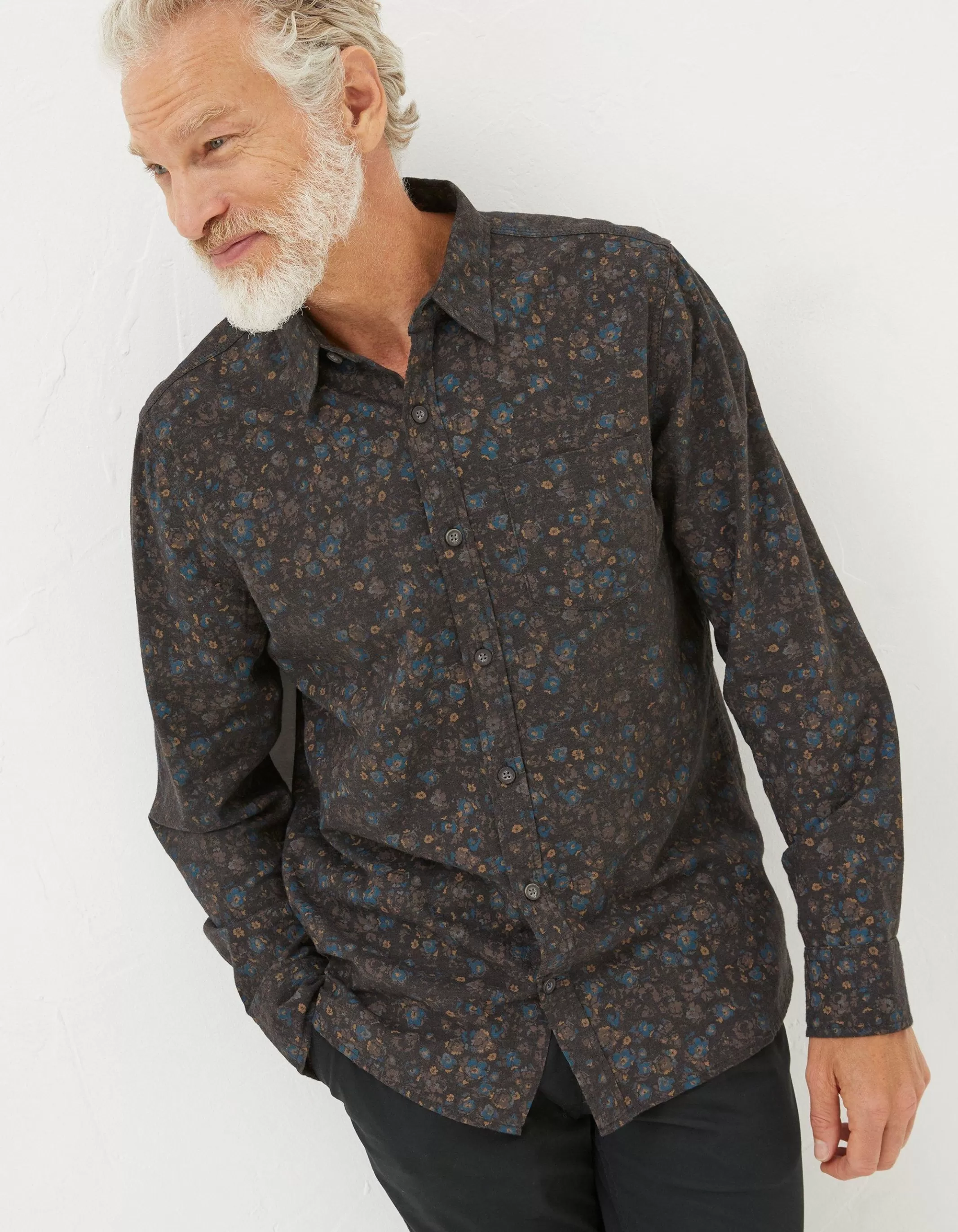 New FatFace Long Sleeve Painted Floral Print Shirt Grey Marl