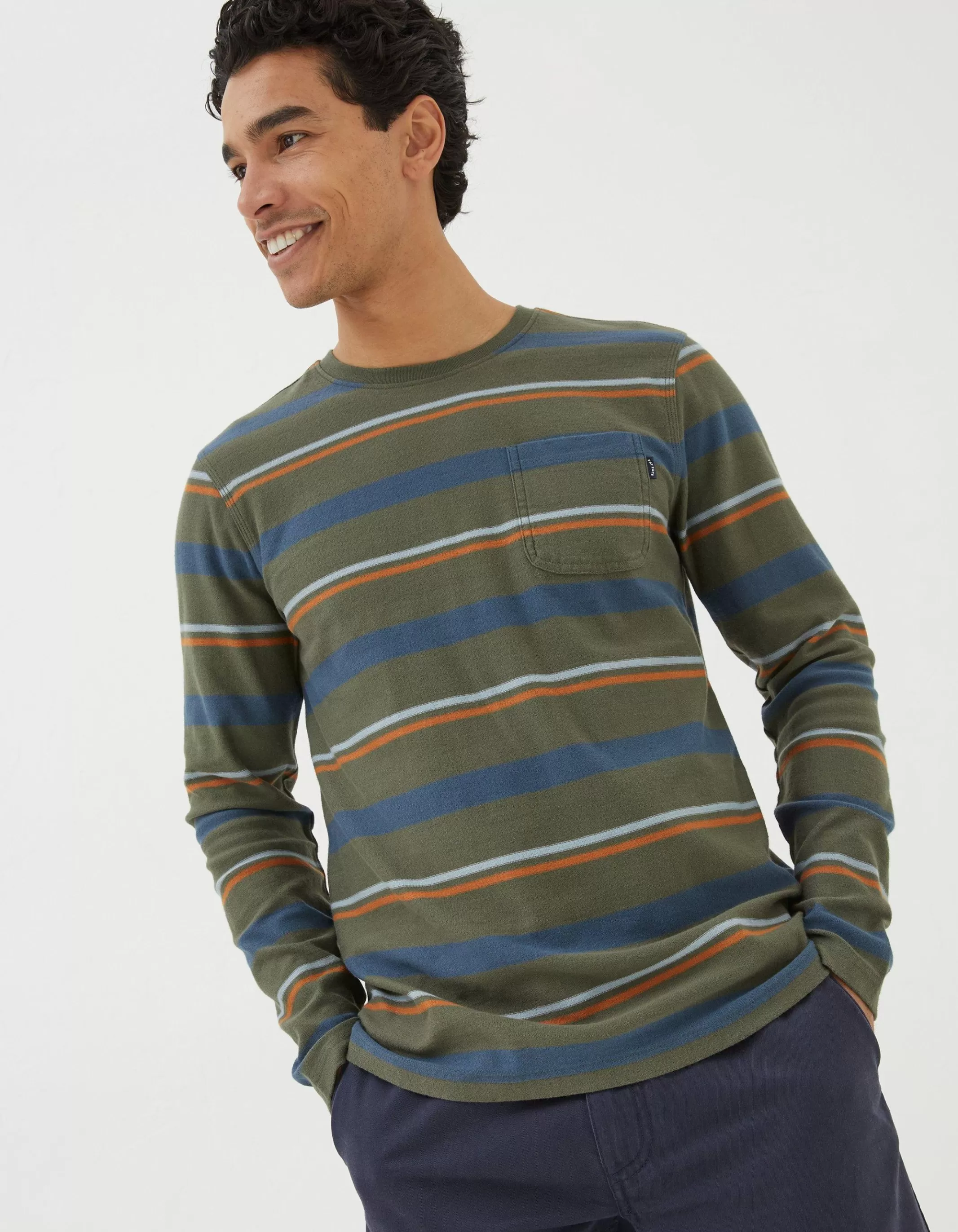 Hot FatFace Long Sleeve Stripe Pocket Crew Washed Green