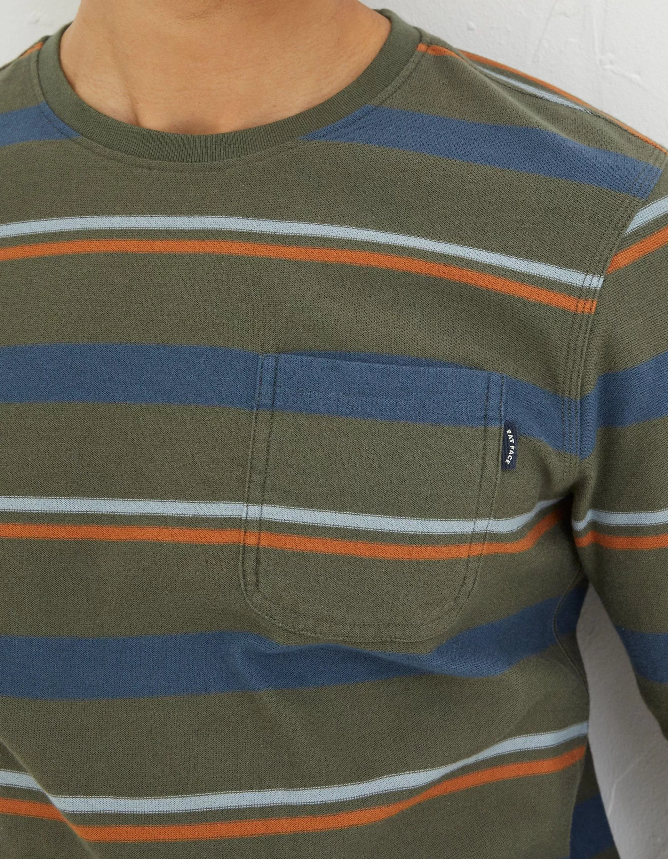 Hot FatFace Long Sleeve Stripe Pocket Crew Washed Green