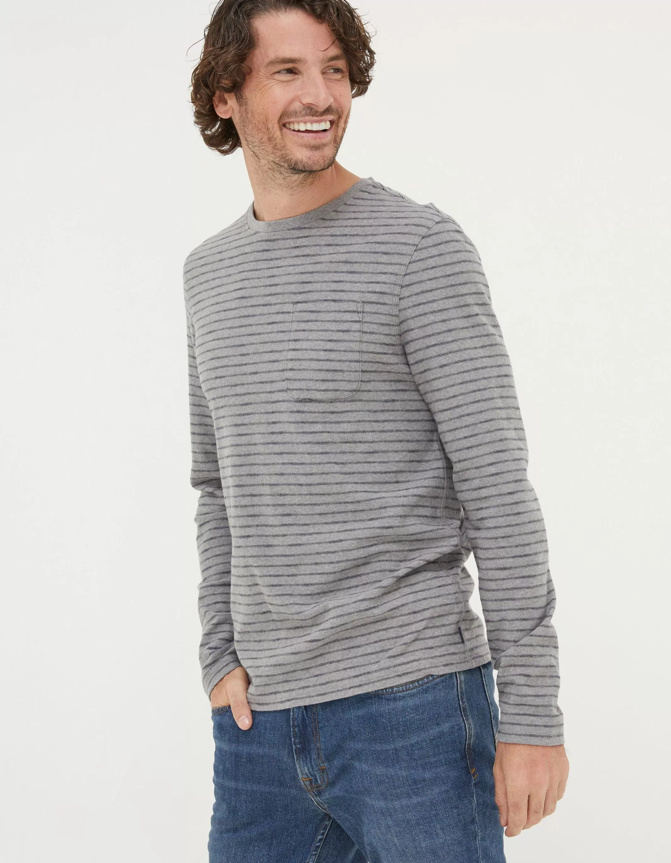 Hot FatFace Long Sleeve Stripe Pocket T-Shirt Grey Marl