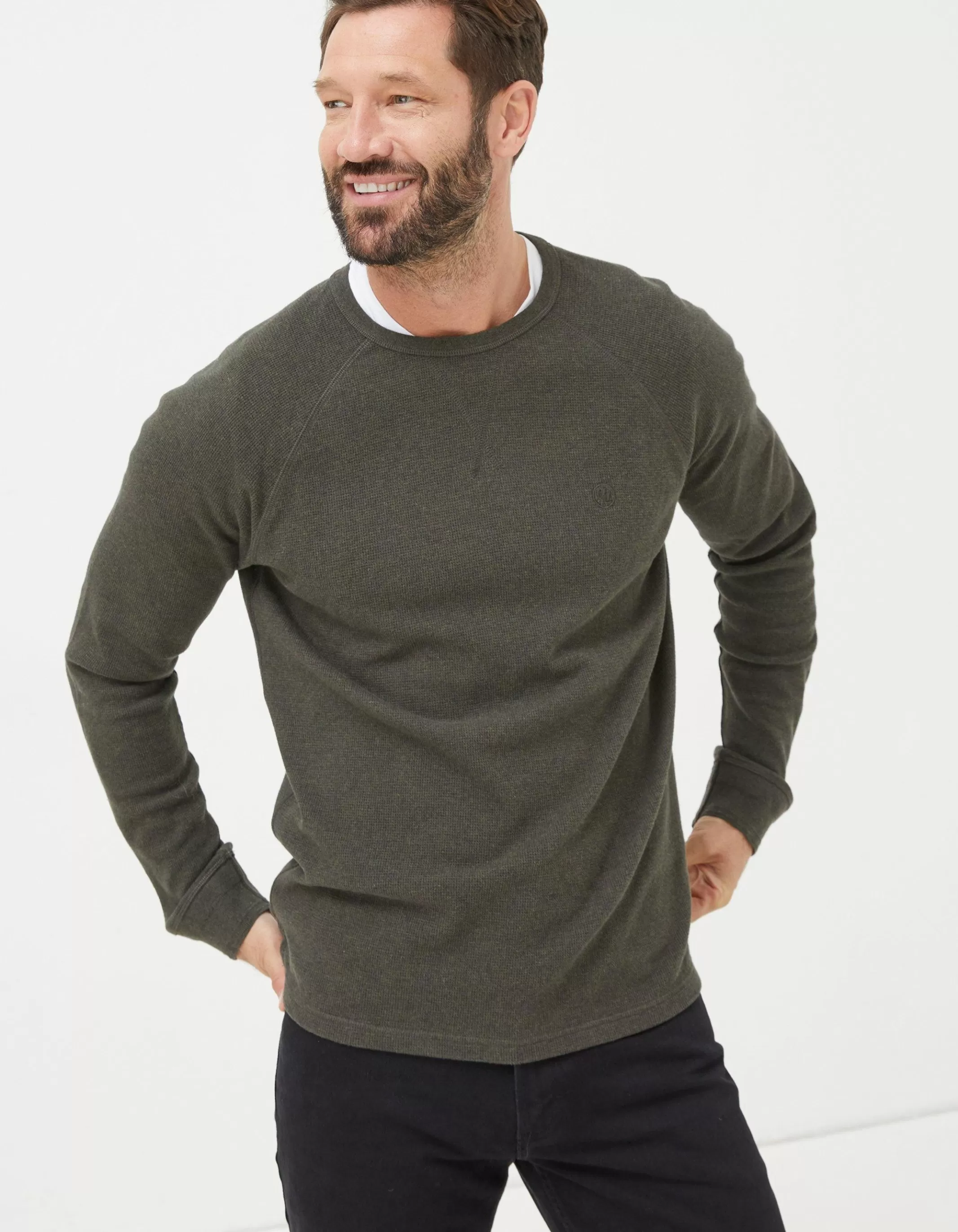 New FatFace Long Sleeve Waffle Crew Khaki Marl