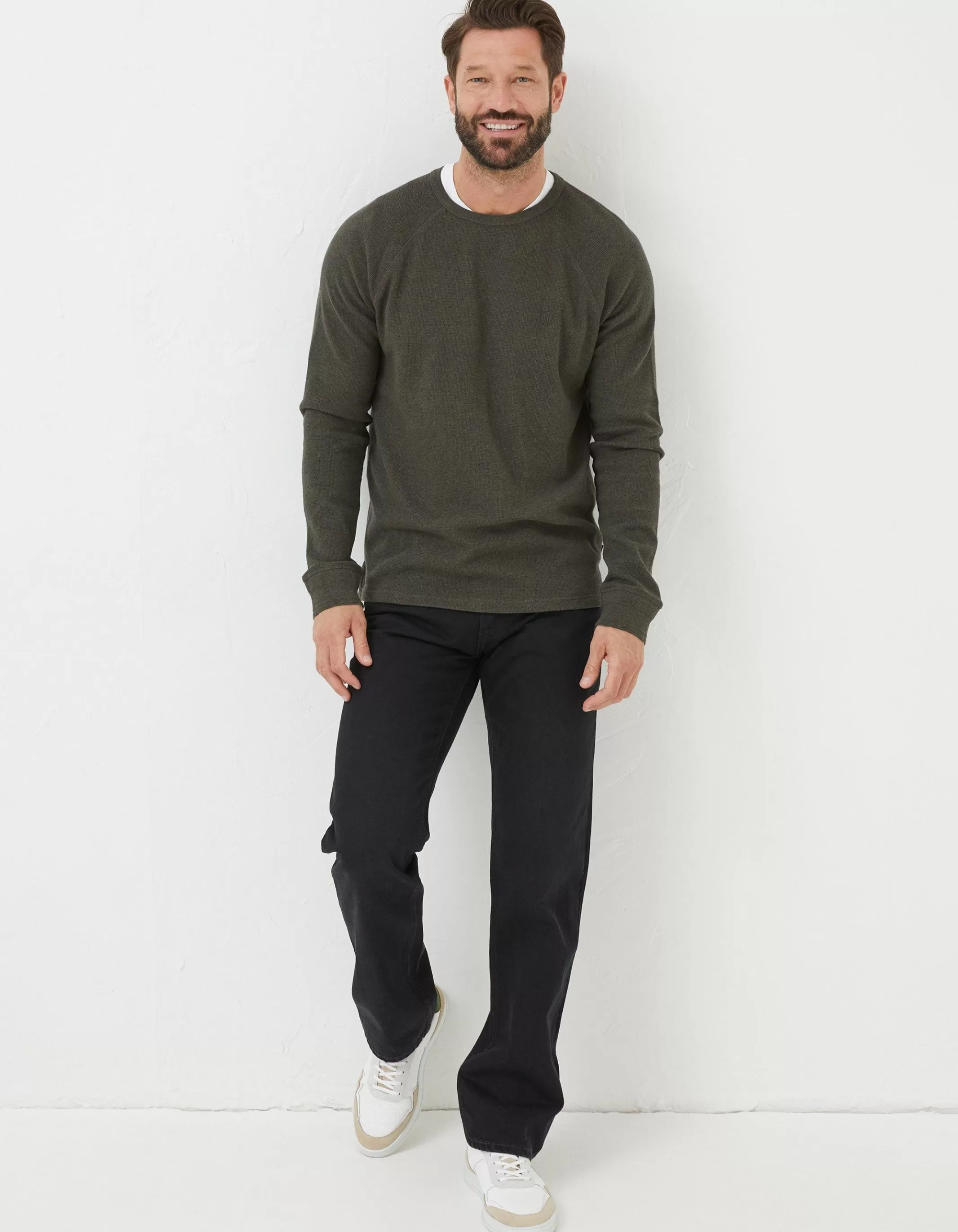 New FatFace Long Sleeve Waffle Crew Khaki Marl