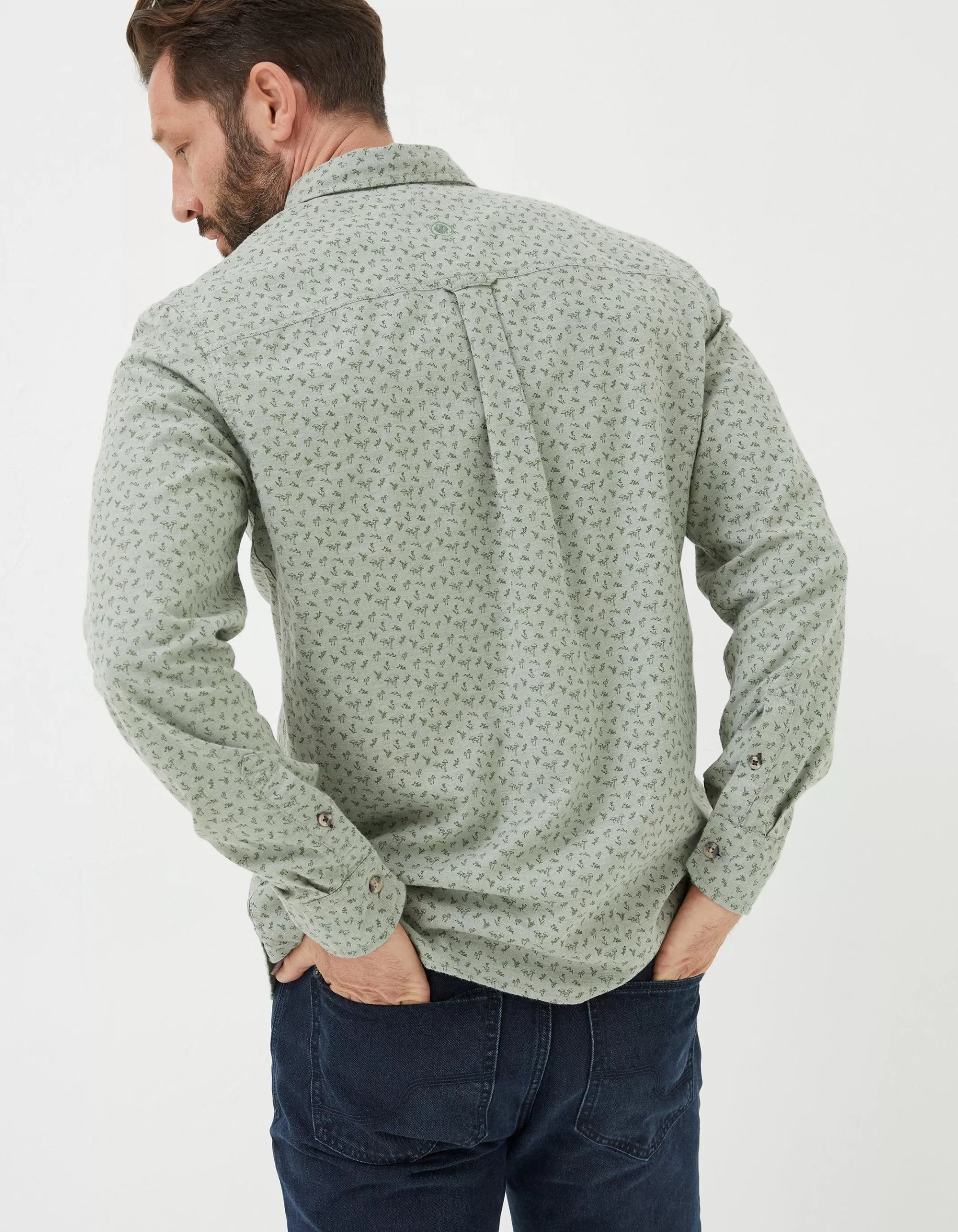 Sale FatFace Long Sleeve Woodland Print Shirt Light Green