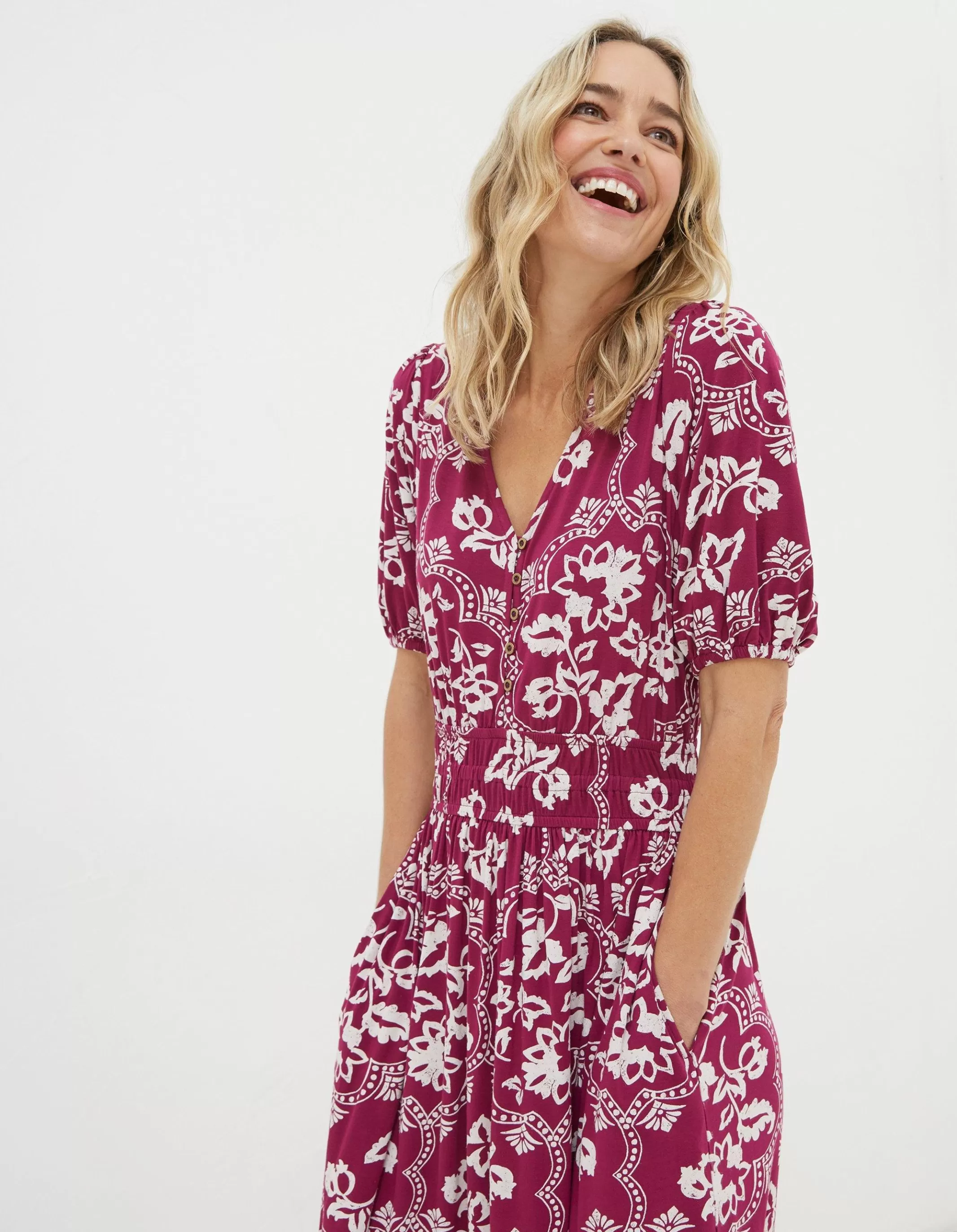 New FatFace Lottie Wallpaper Jersey Dress Plum