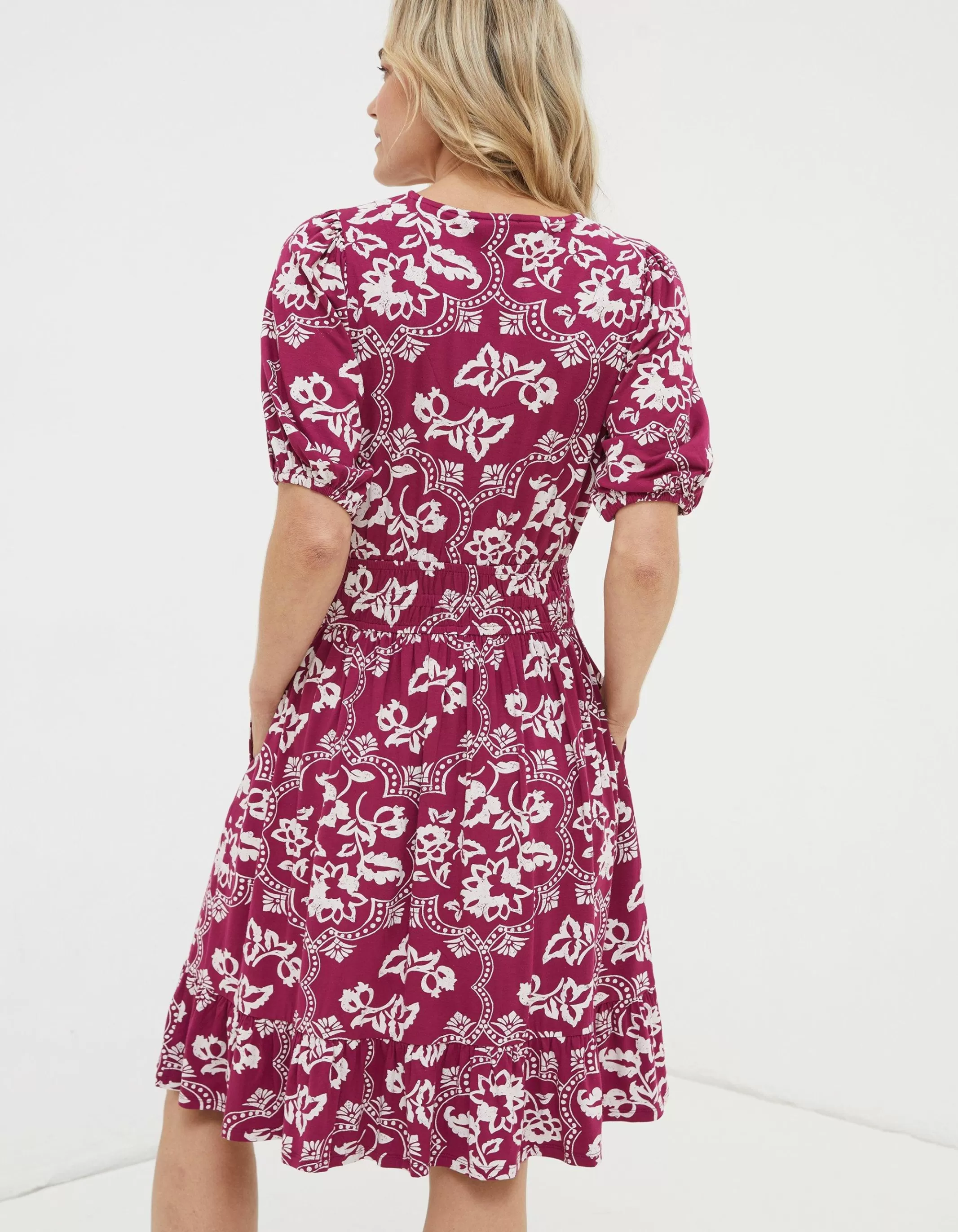New FatFace Lottie Wallpaper Jersey Dress Plum