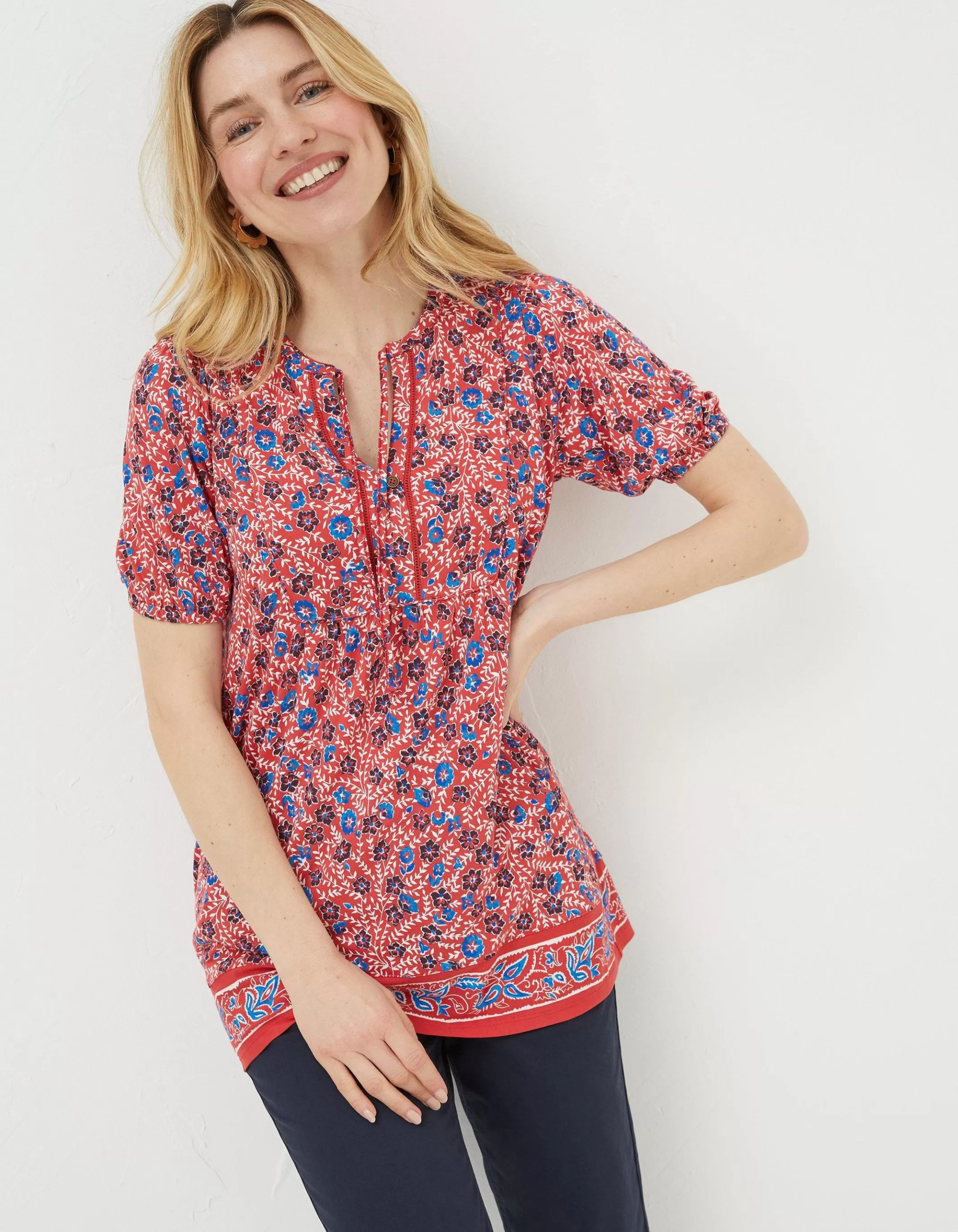 Shop FatFace Lou Woodblock Meadow Tunic Top Tomato Red