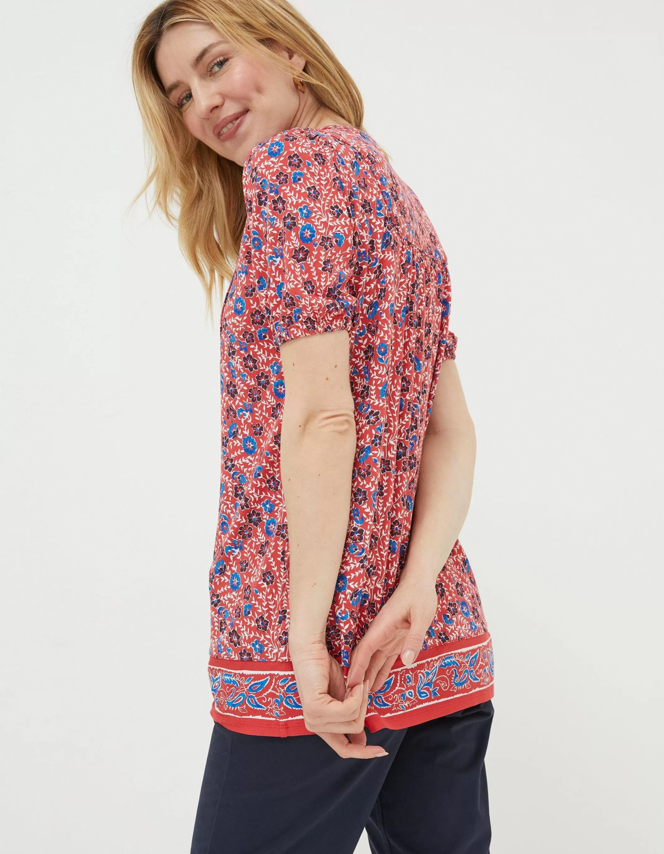 Shop FatFace Lou Woodblock Meadow Tunic Top Tomato Red