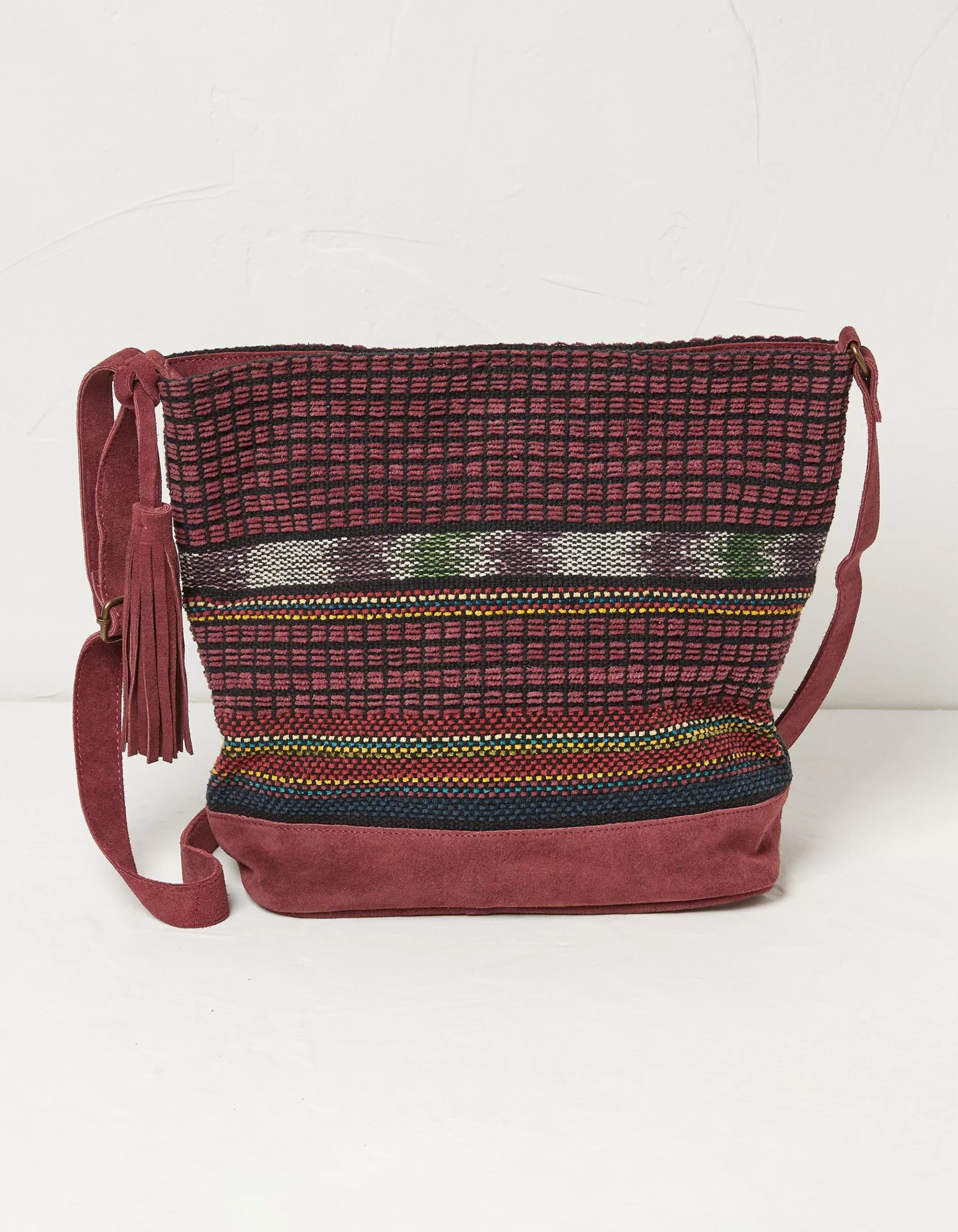 Shop FatFace Lula Suede Woven Shoulder Bag Burgundy