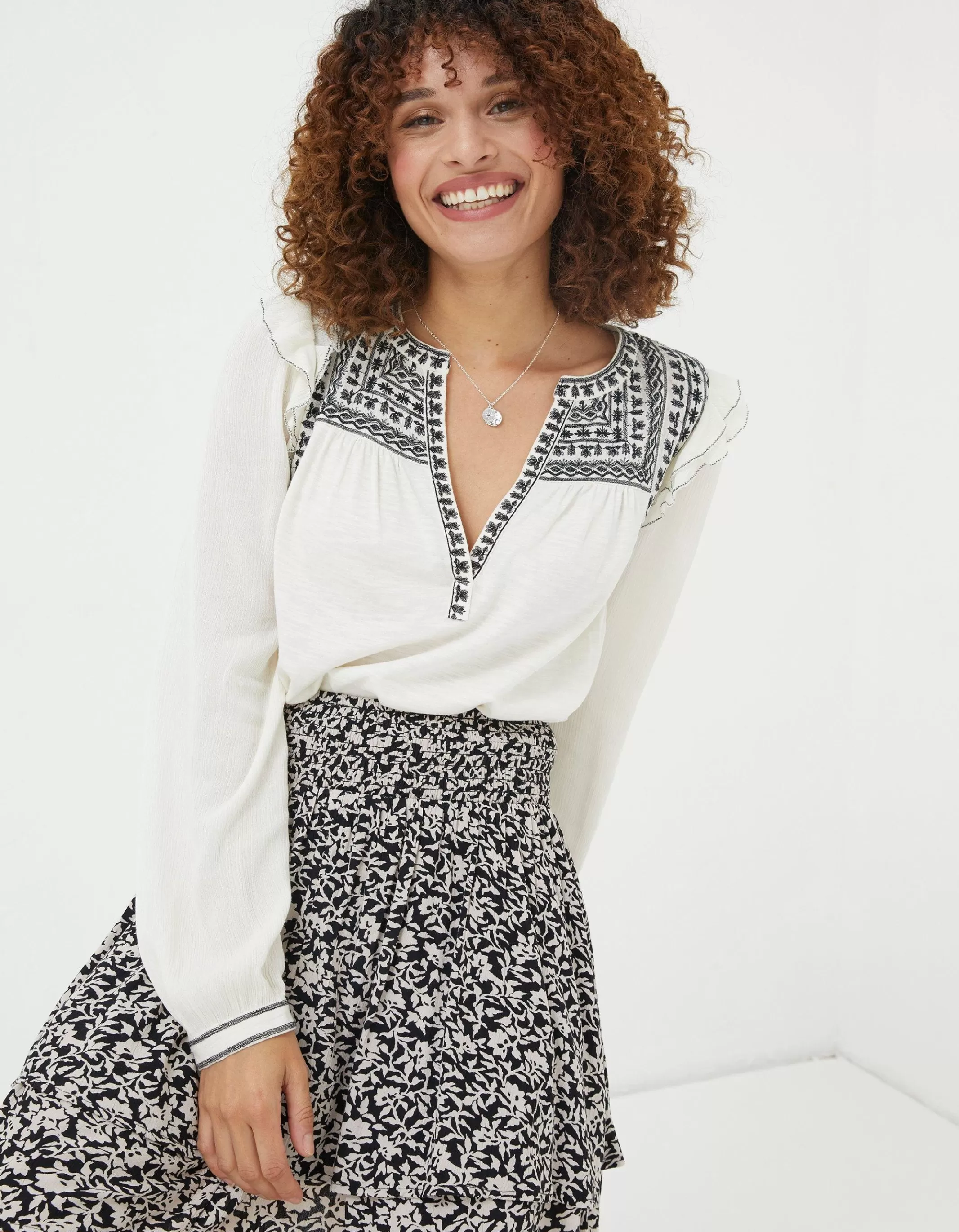 Store FatFace Martha Embroidered Top Ivory